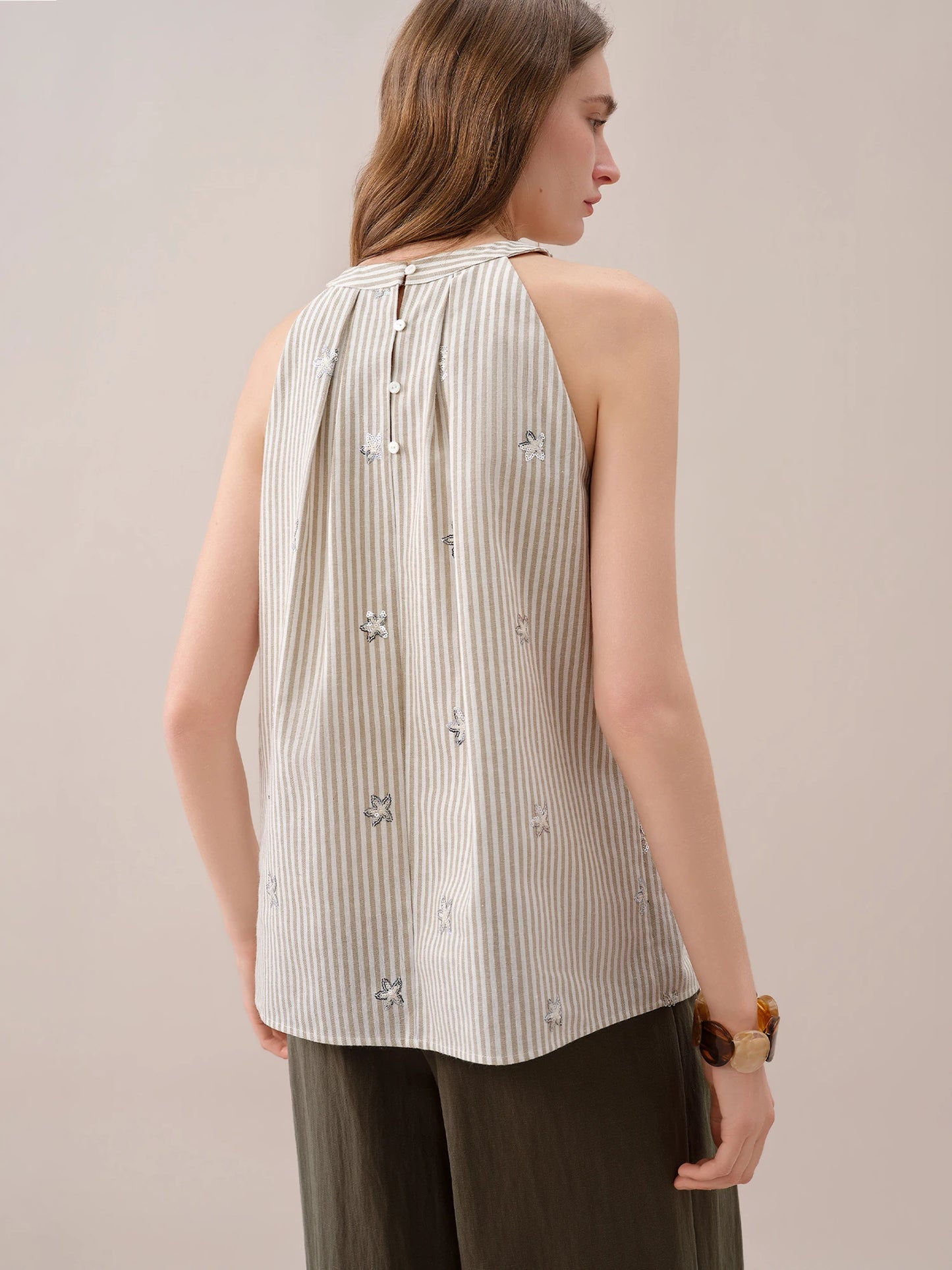 Beige Striped Embroidered Swing Blouse