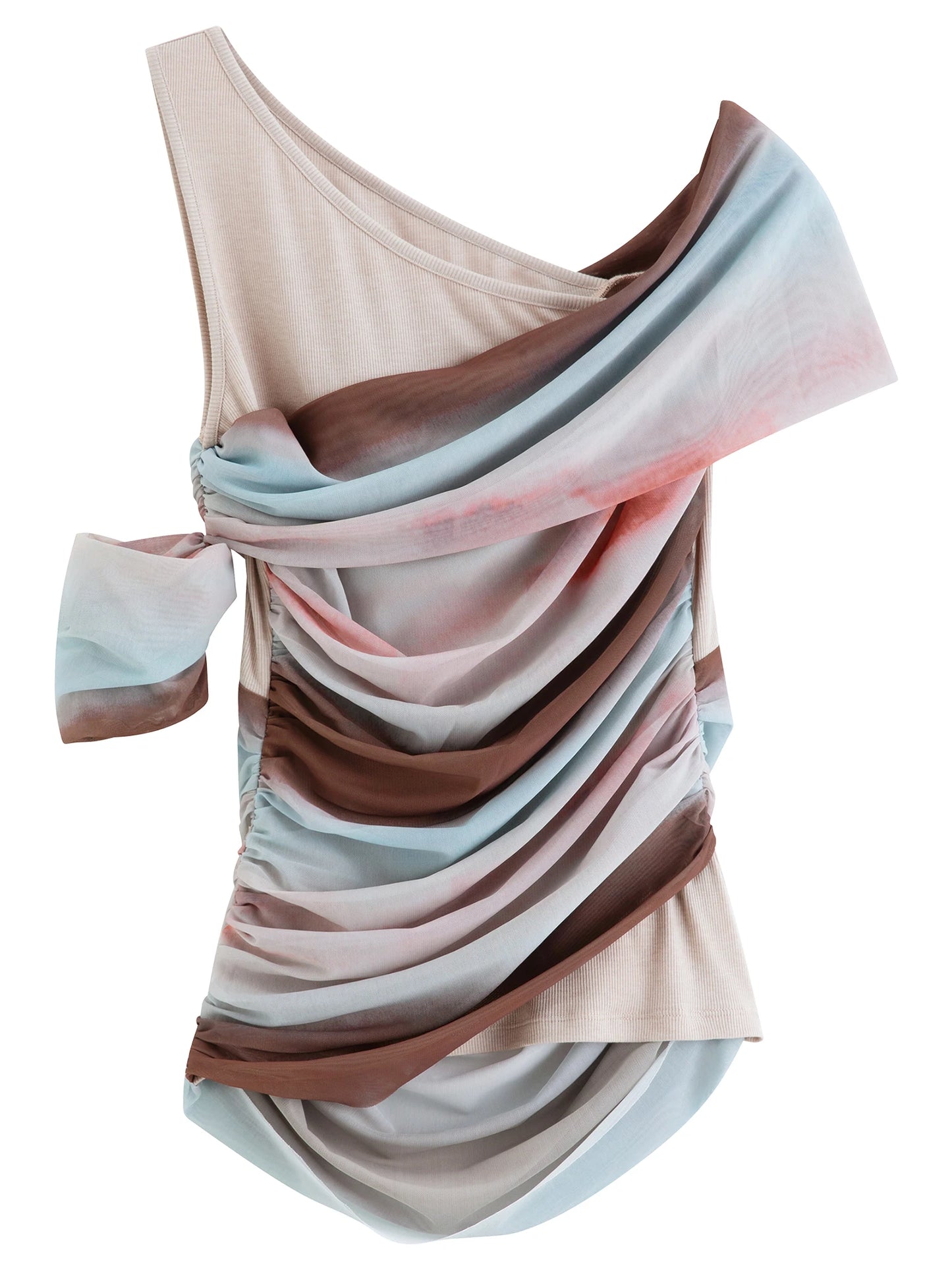 Taupe Asymmetric Striped Mesh Top