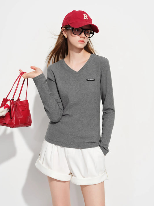 Grey V Neck Embroidered Long Sleeve Tee