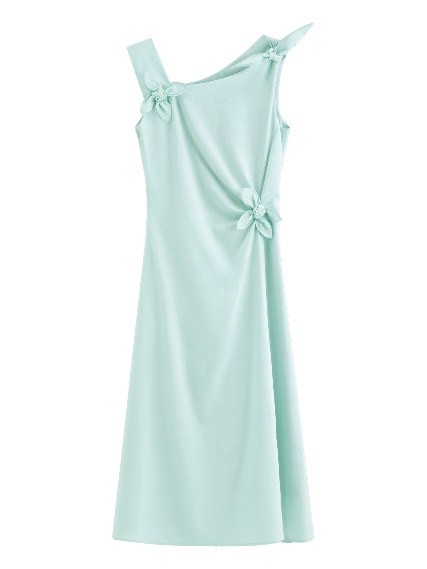 Mint Asymmetric Floral Applique Midi Dress