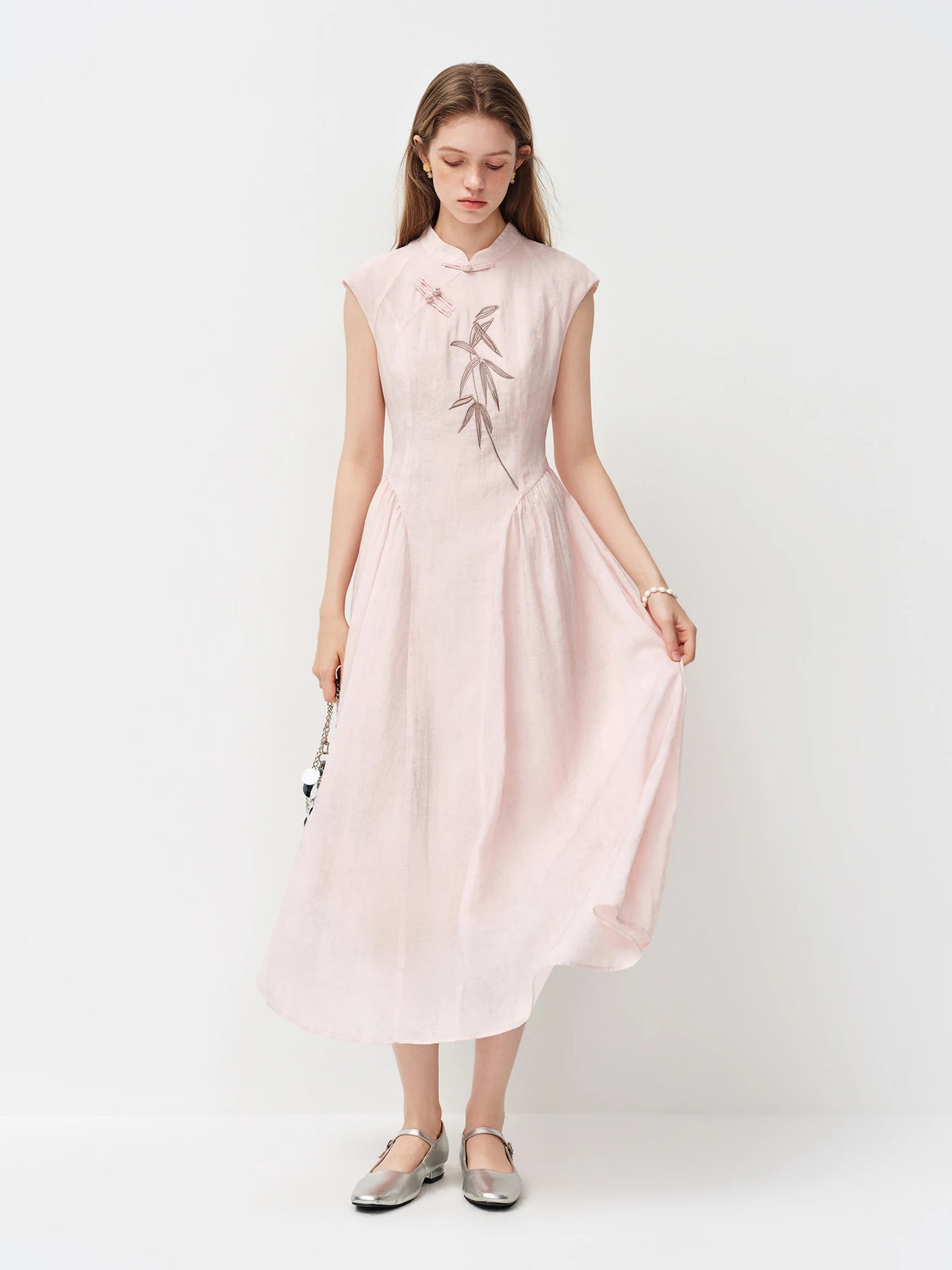 Pale Blue Embroidered Mandarin Collar Maxi Dress