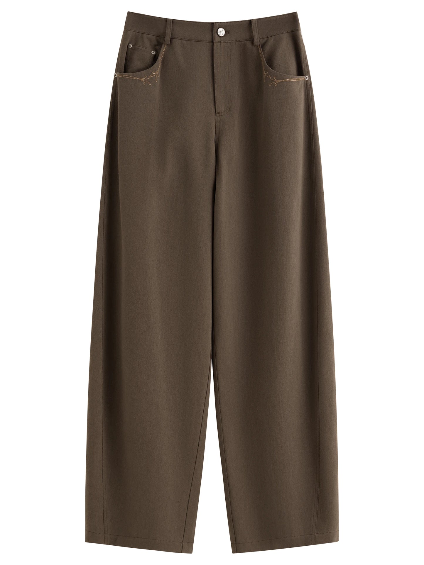 Brown Embroidered Wide Leg Jeans