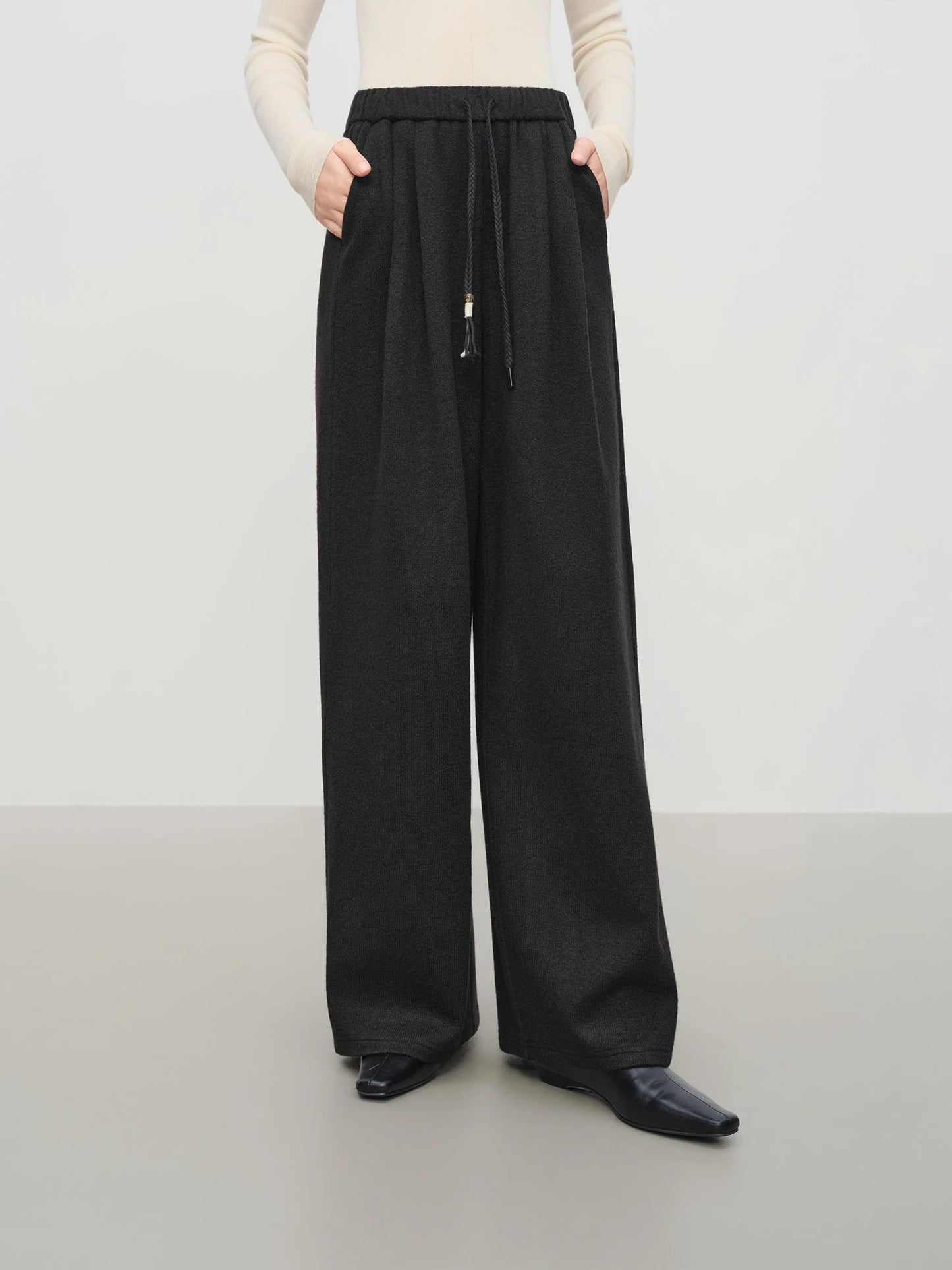 Charcoal Drawstring Wool Wide Leg Pants