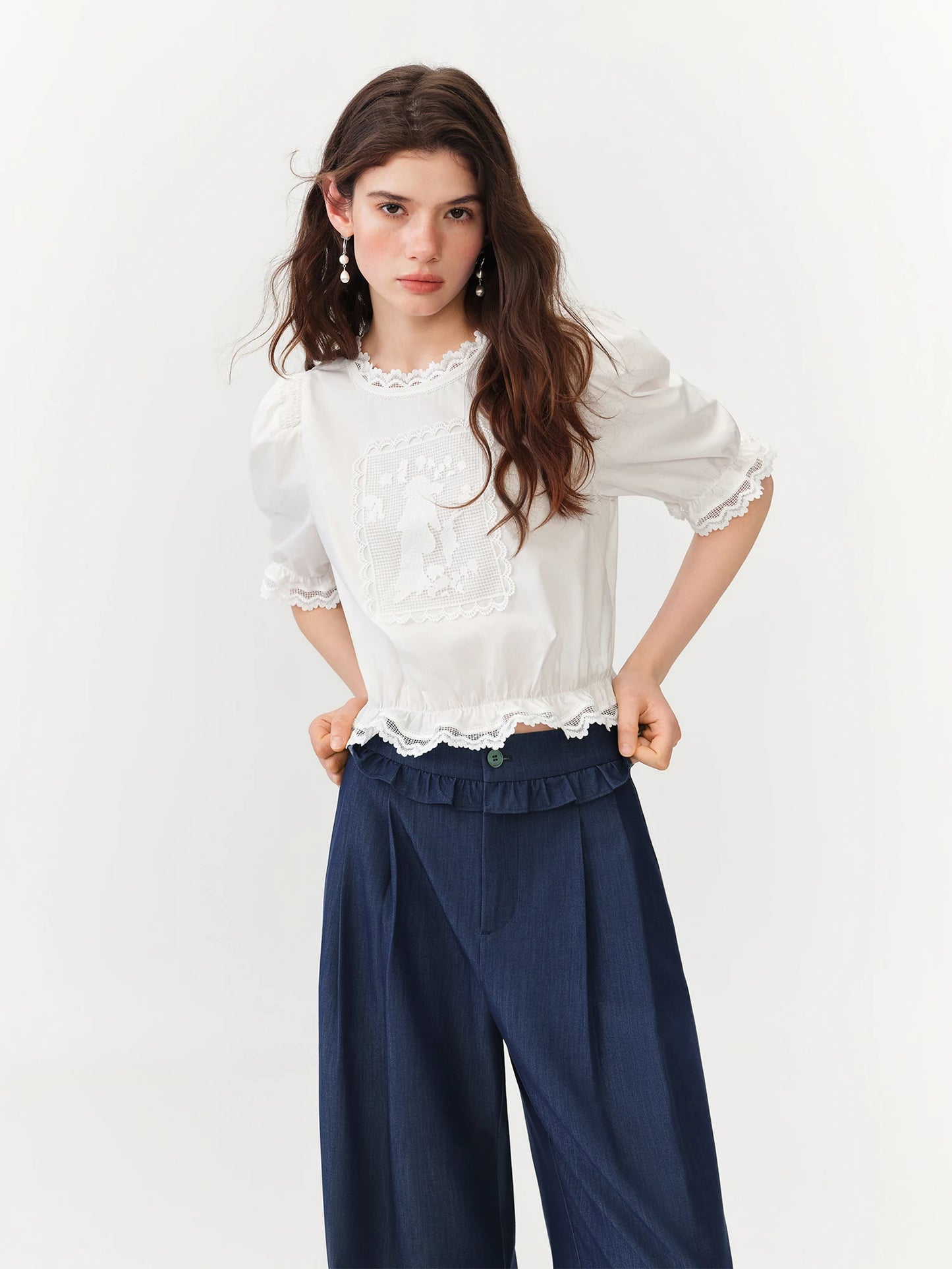 White Ruffle Hem Cotton Blouse