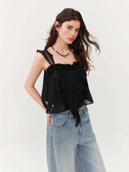 Black Lace Trim Spaghetti Strap Blouse