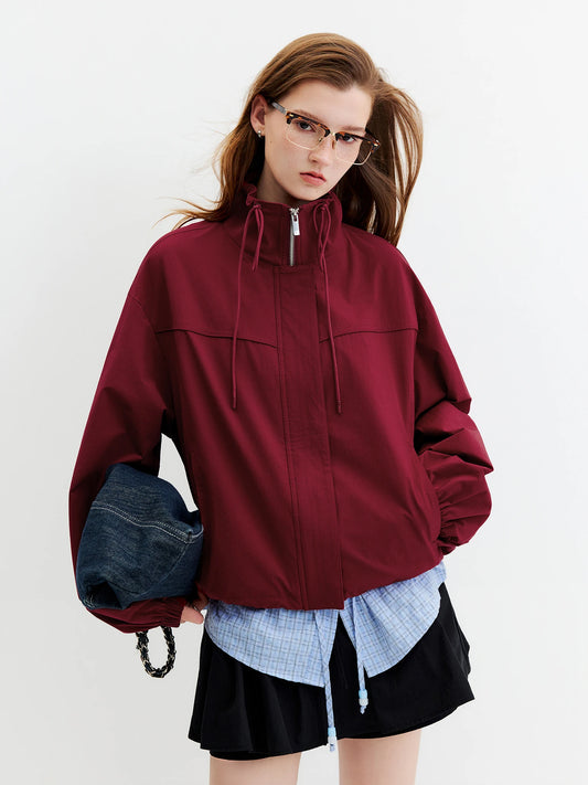 Burgundy Stand Collar Bomber Jacket
