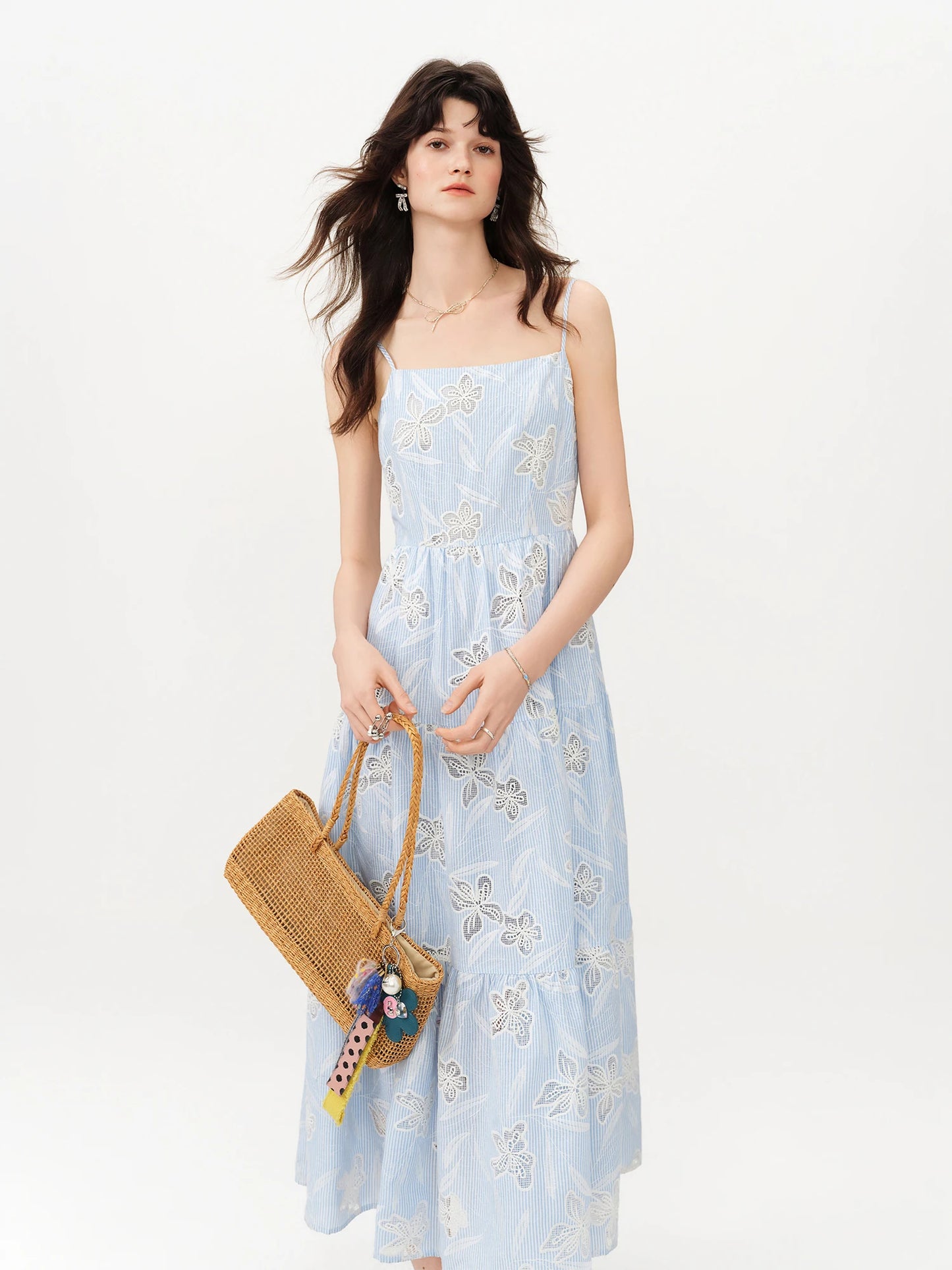 Pale Blue Floral Embroidered Maxi Dress