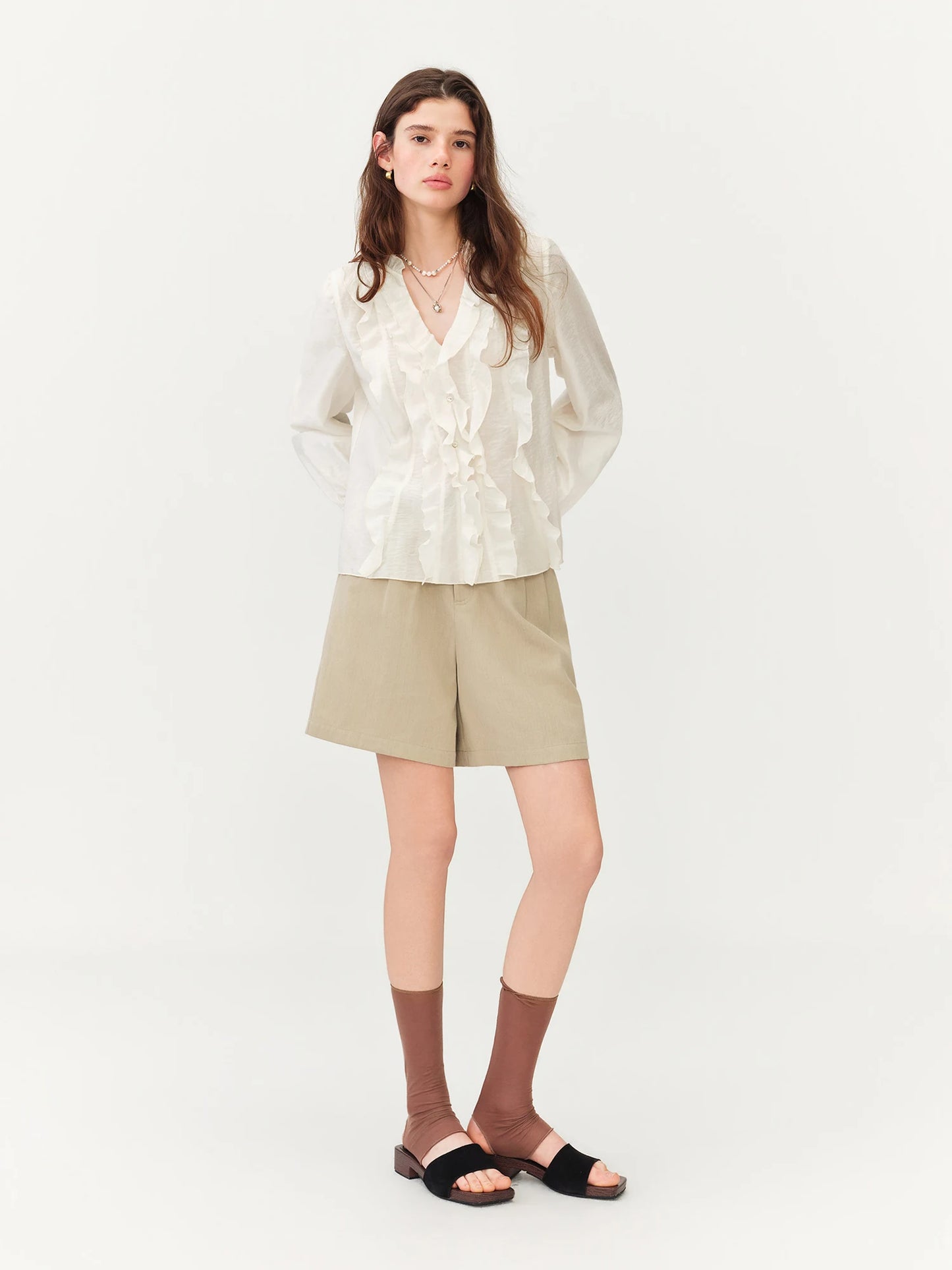 Pale Blue Ruffle Front Blouse