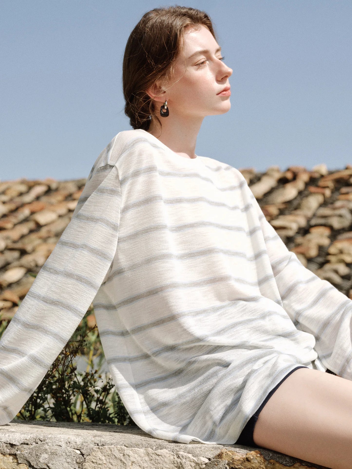 Ivory Striped Relaxed Long Sleeve Top
