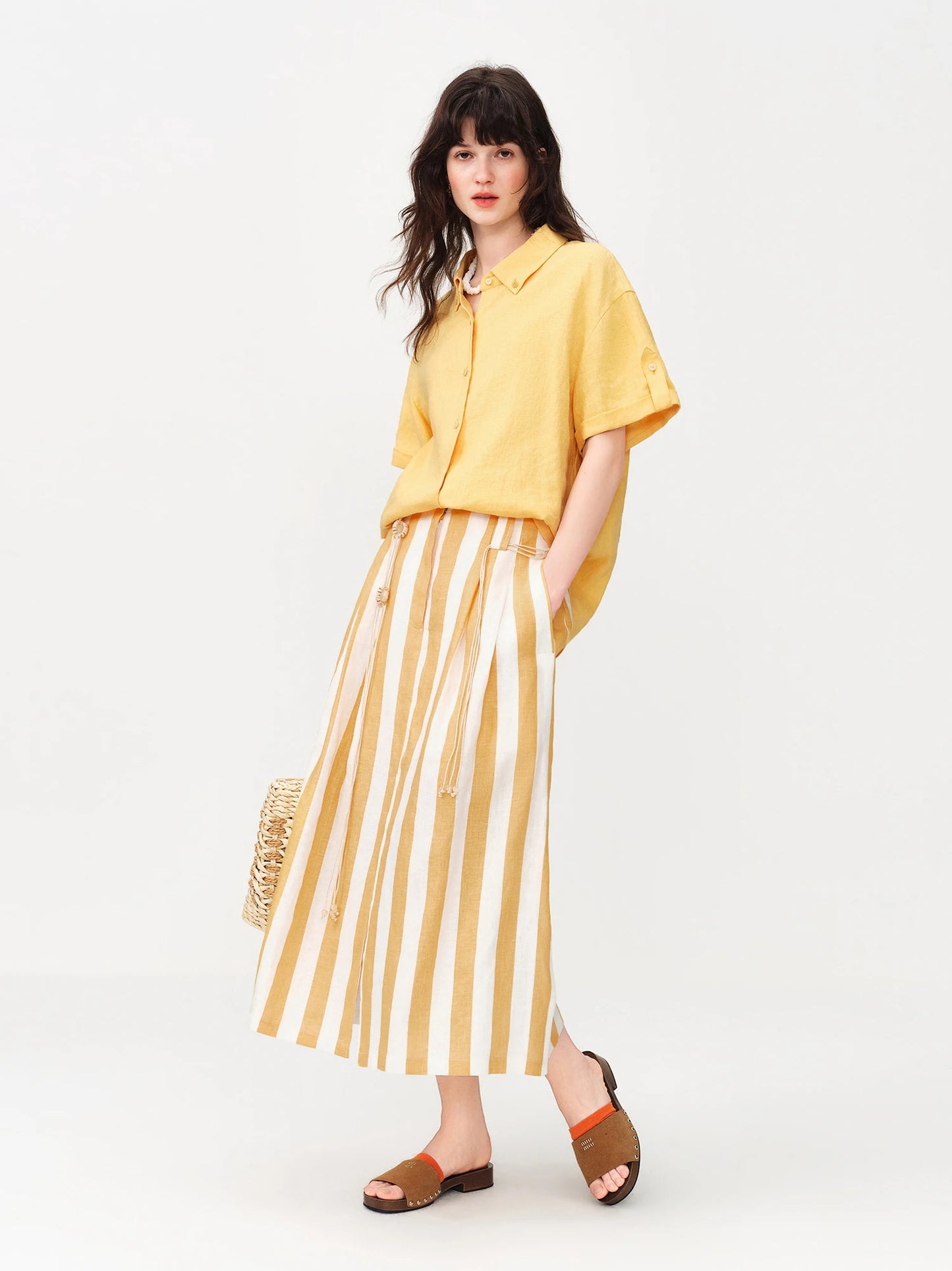 Yellow Striped Pleated Midi Skirt