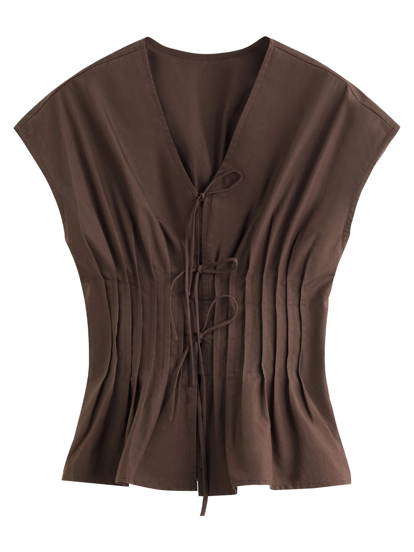 Brown Tie Waist Peplum Blouse
