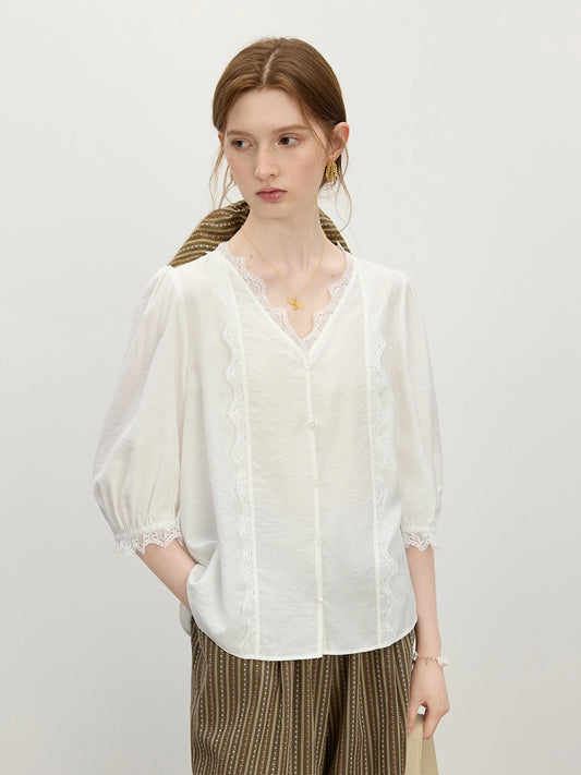 White Lace V Neck Linen Blouse