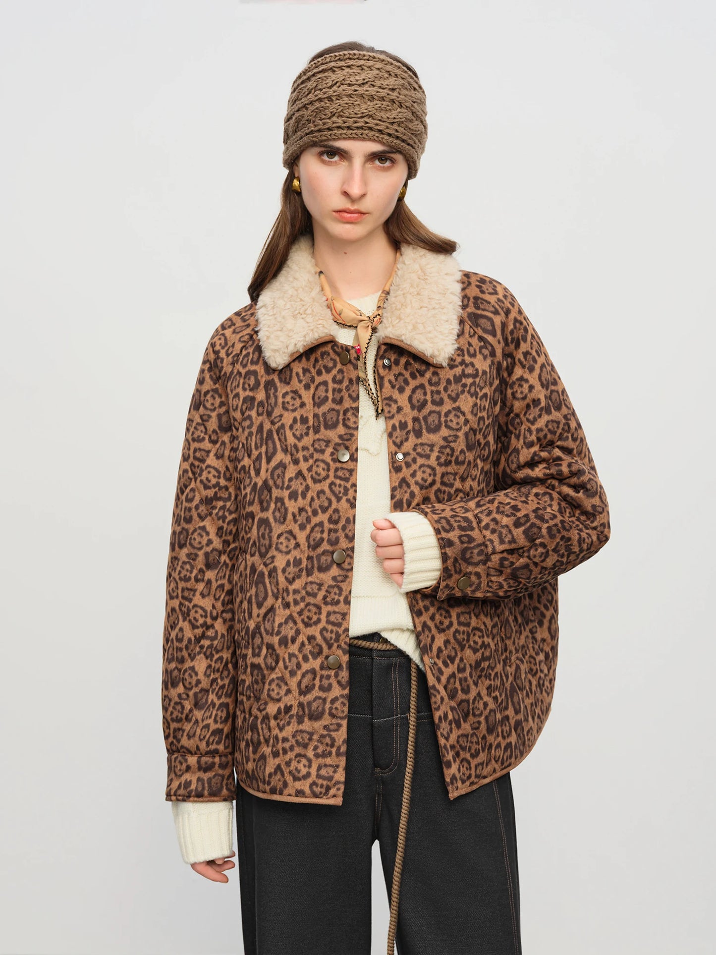 Brown Leopard Sherpa Collar Jacket