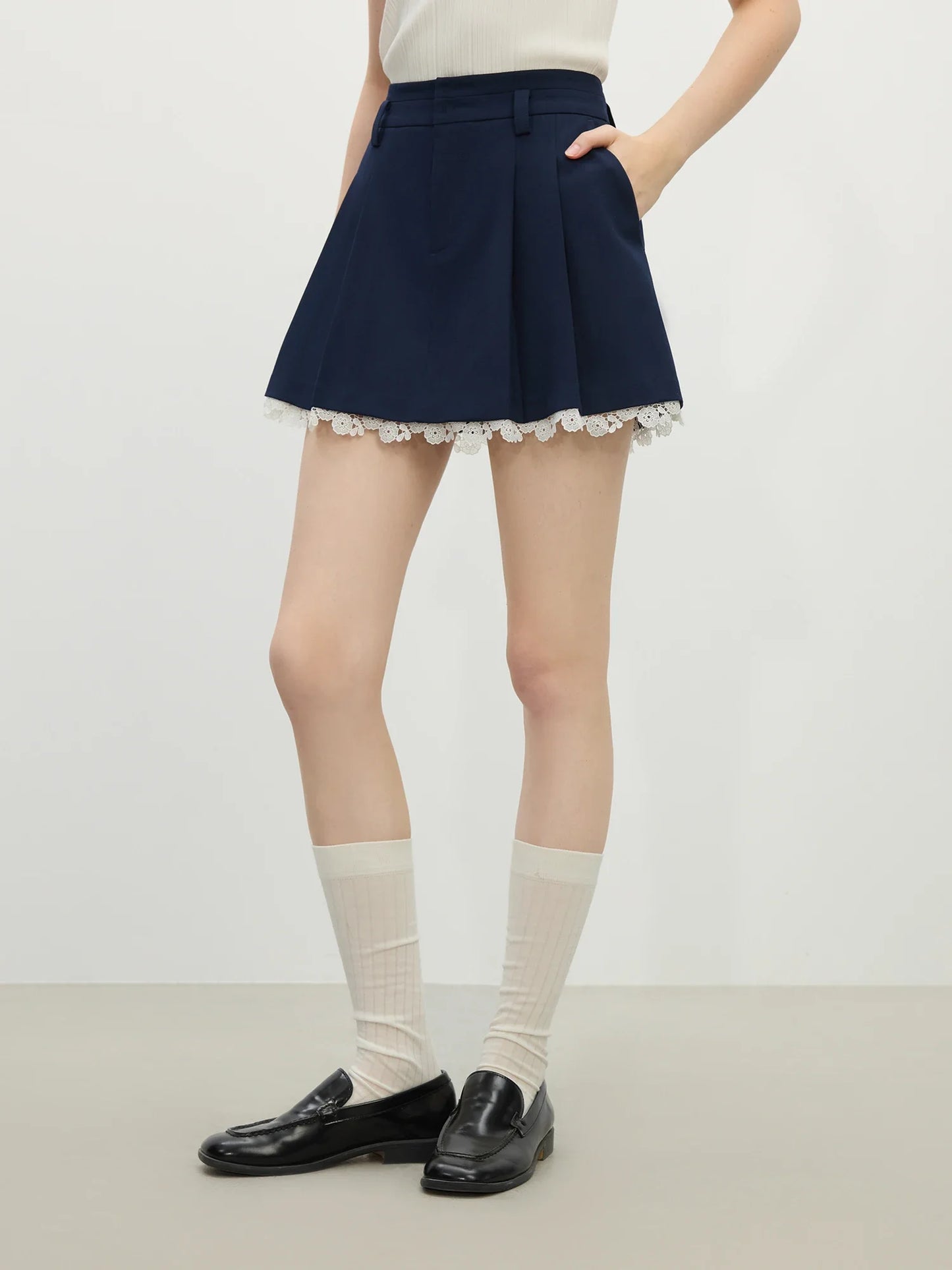 Navy Lace Trim Pleated Mini Skirt