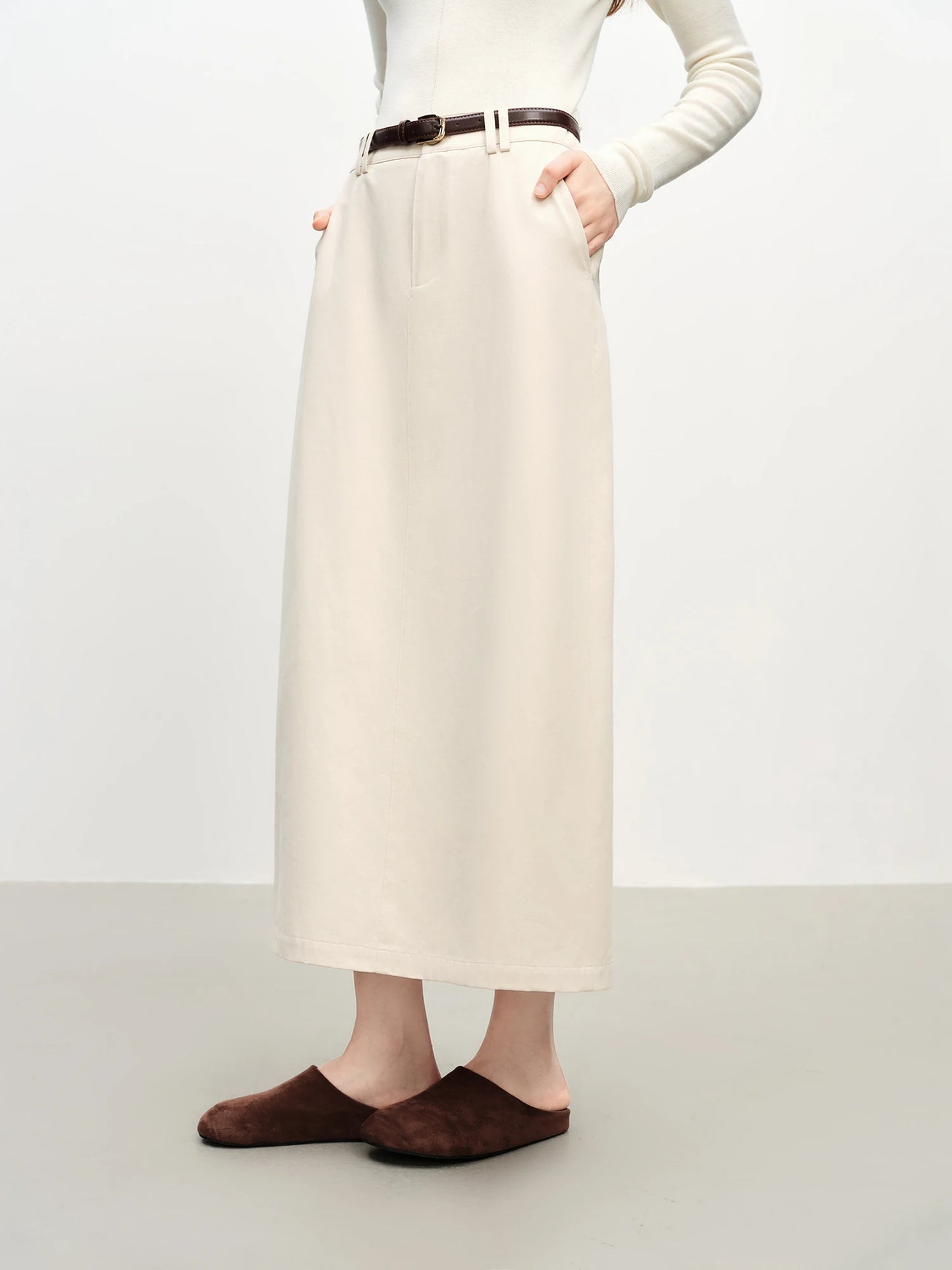 Ivory Belted Straight Maxi Skirt