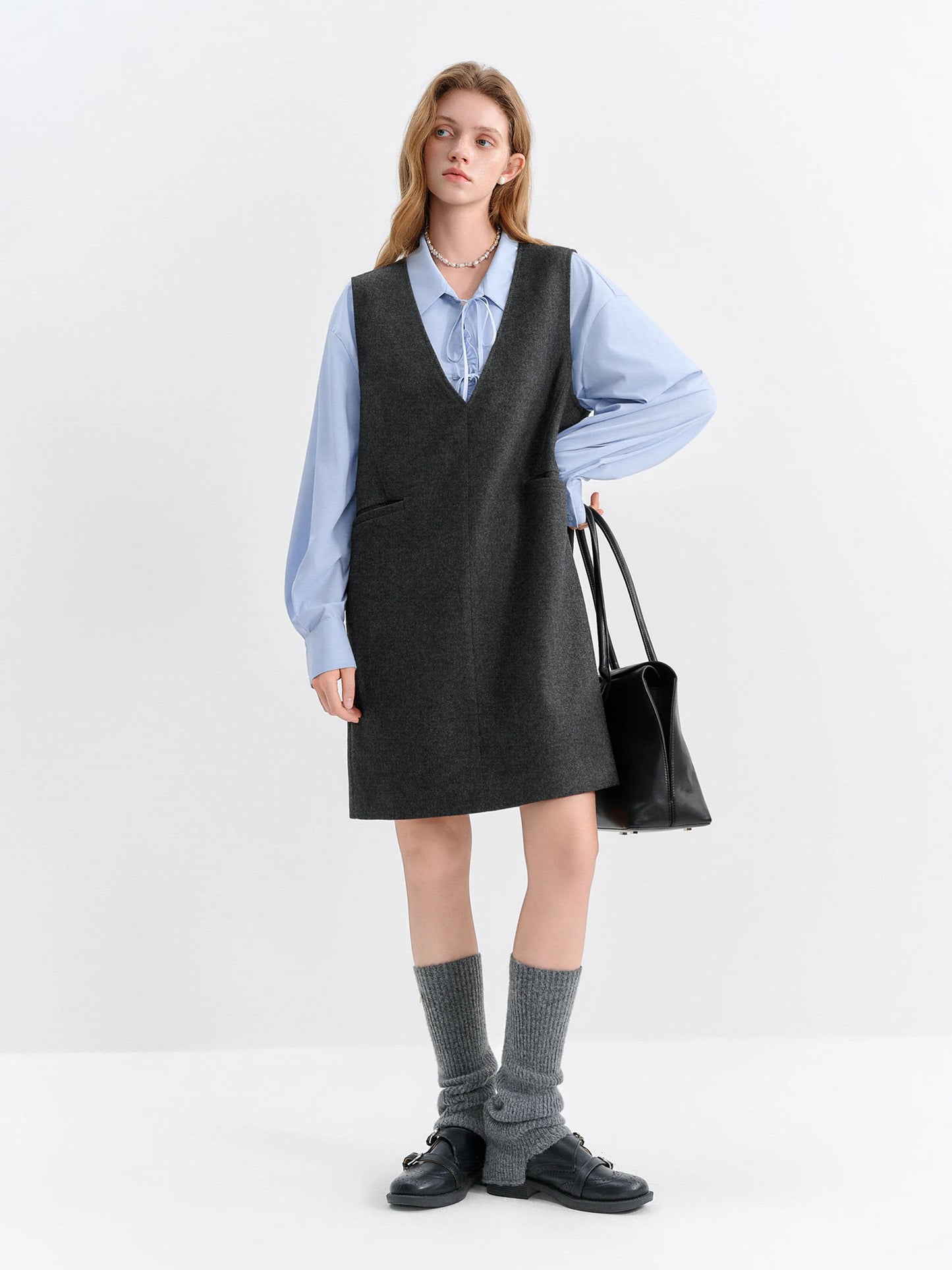 Charcoal V-Neck Wool Mini Dress