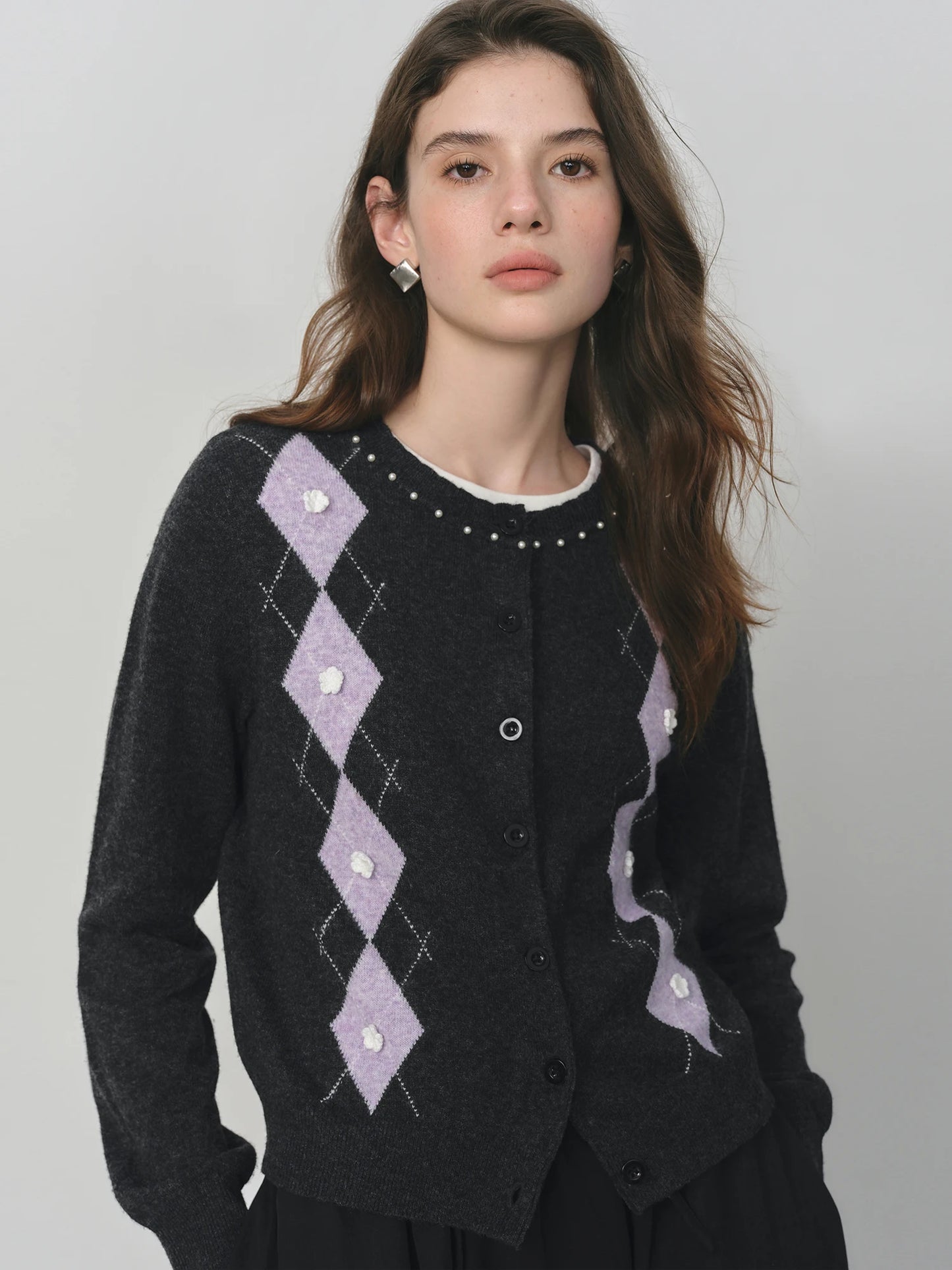 Black Argyle Ruffle Knit Cardigan