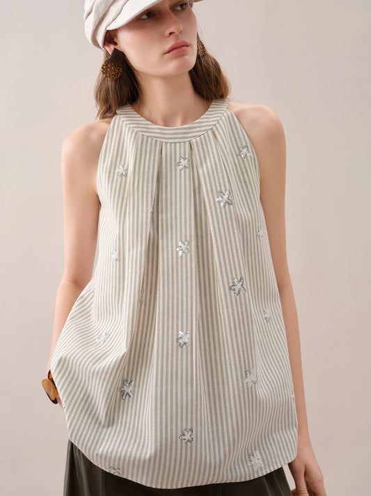 Beige Striped Embroidered Swing Blouse
