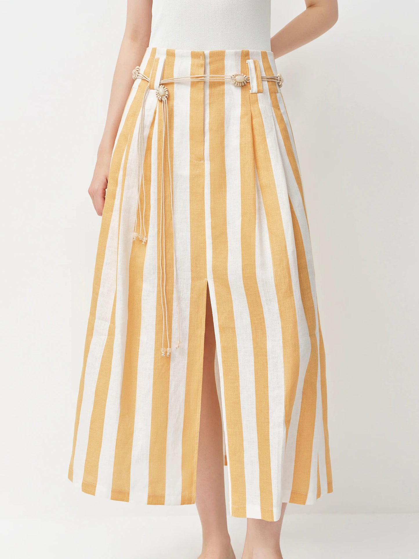 Yellow Striped Pleated Midi Skirt