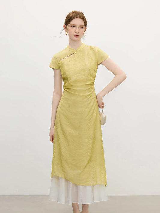 Lime Green Cheongsam Layered Midi Dress