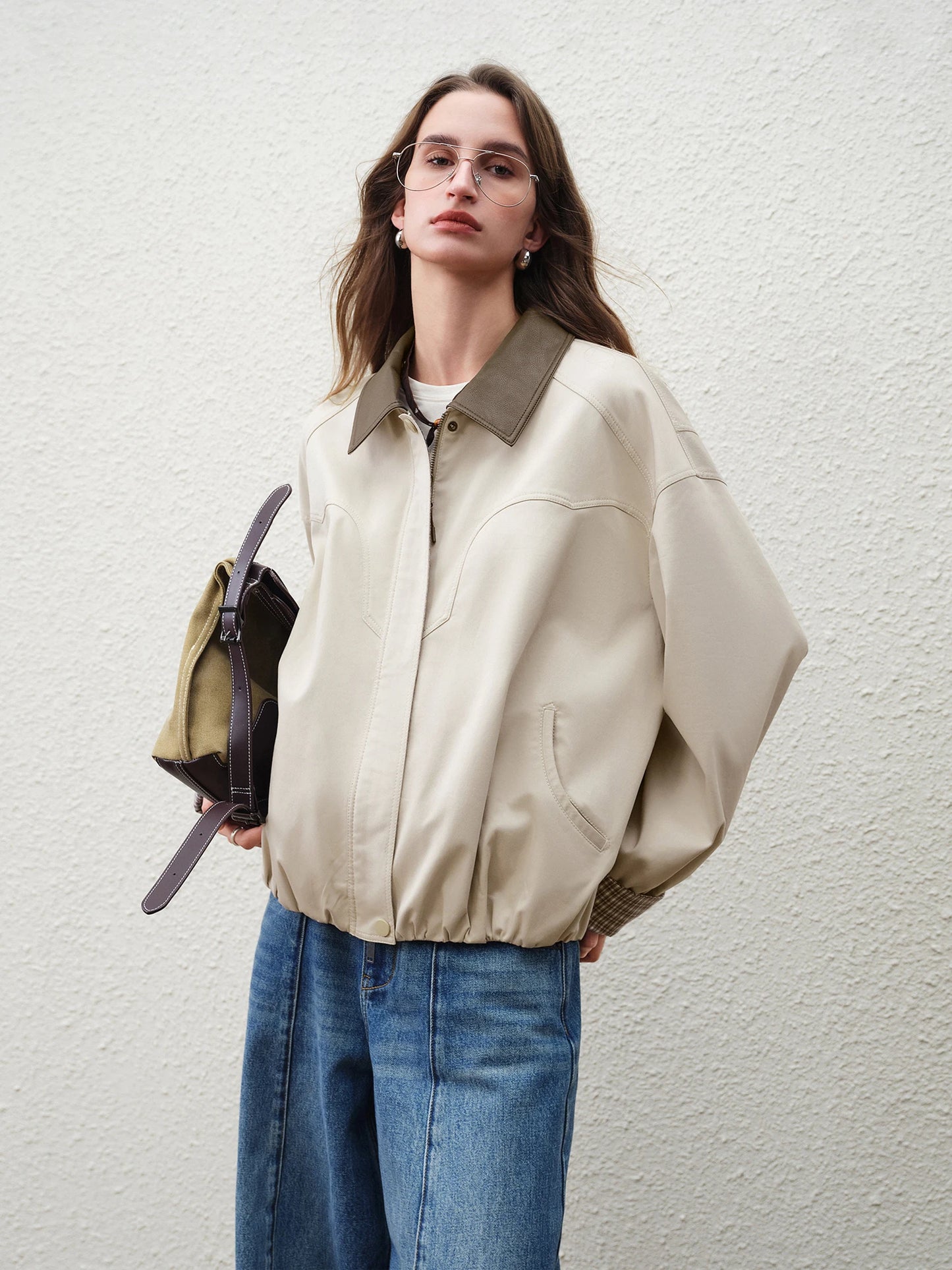Ivory Contrast Cuff Bomber Jacket