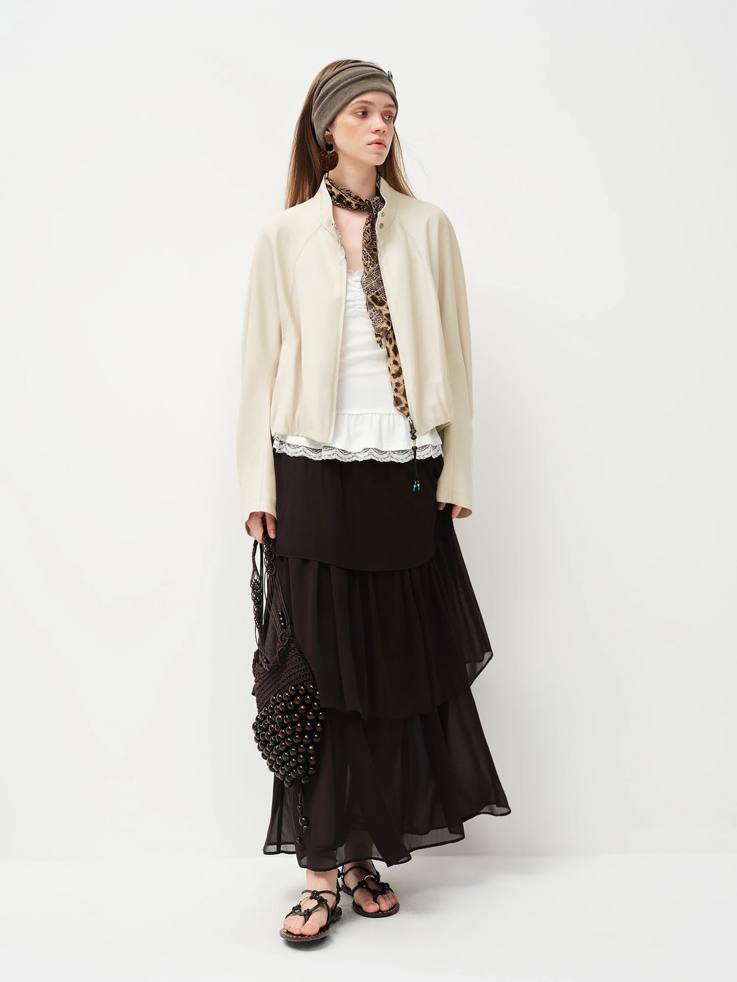 Ivory Stand Collar Bomber Jacket