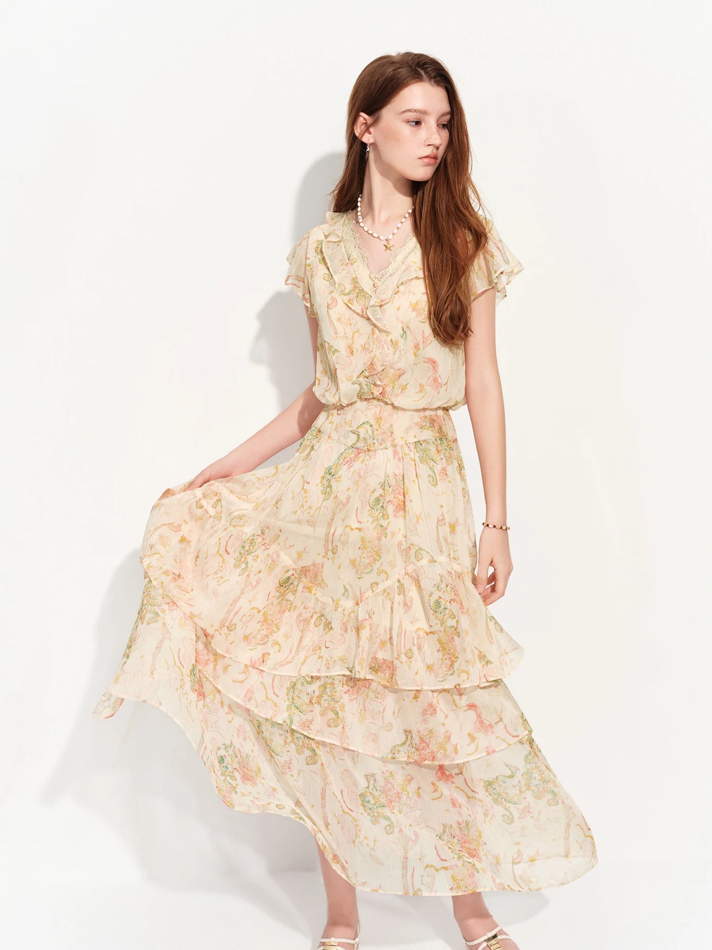 Ivory Tiered Lace Trim Maxi Dress