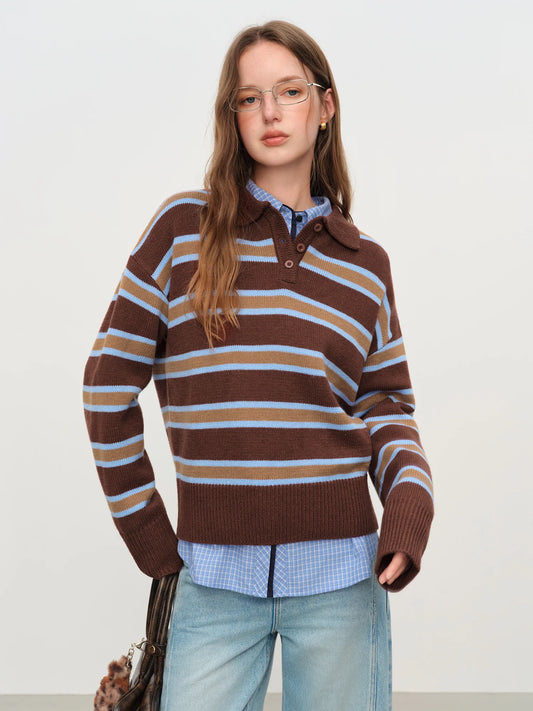 Brown Striped Layered Polo Sweater
