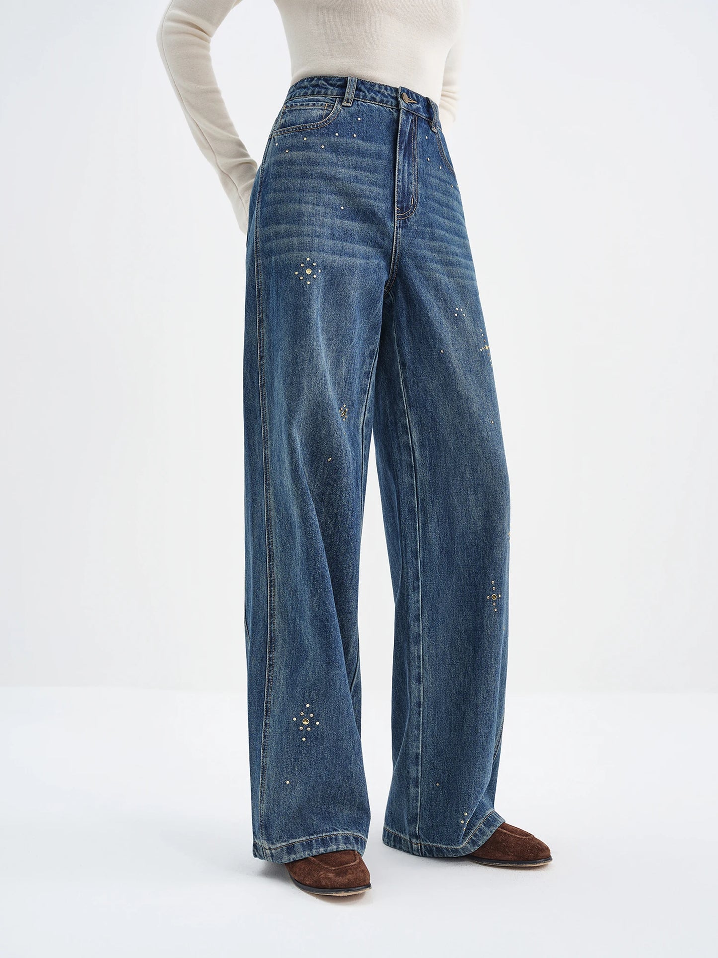 Medium Wash Rhinestone Wide Leg Jeans