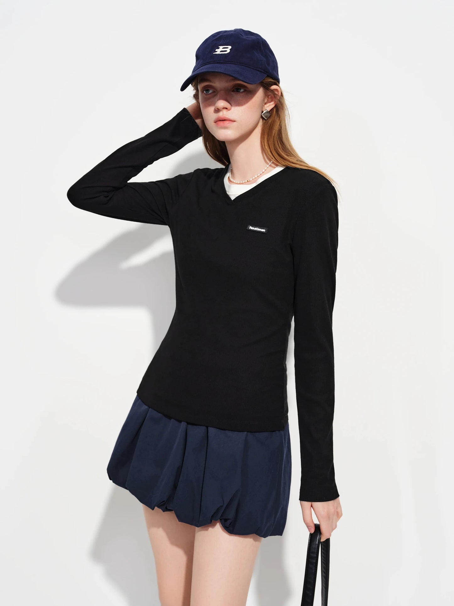 Grey V Neck Embroidered Long Sleeve Tee