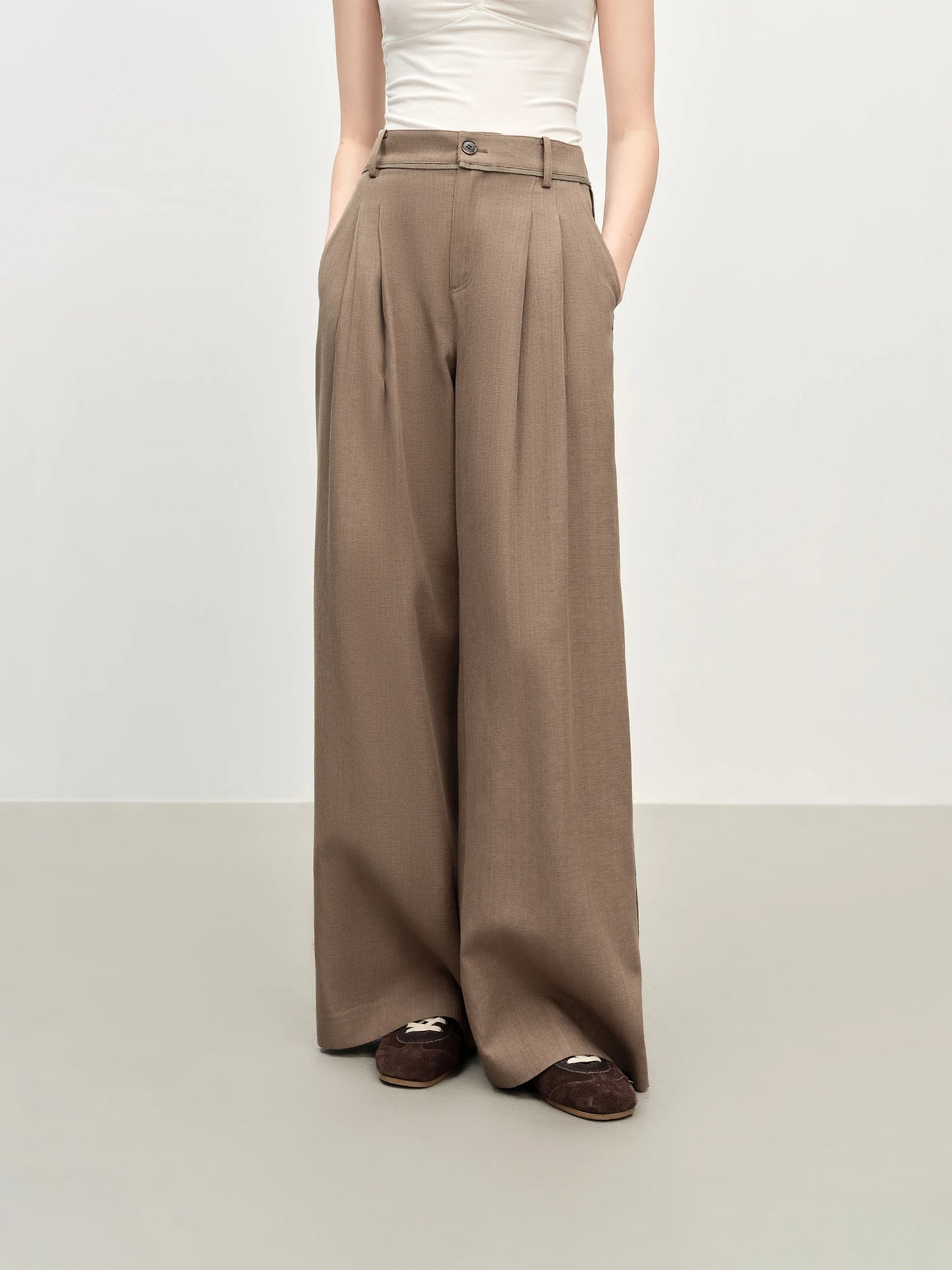Brown Pleated Wide Leg Trousers