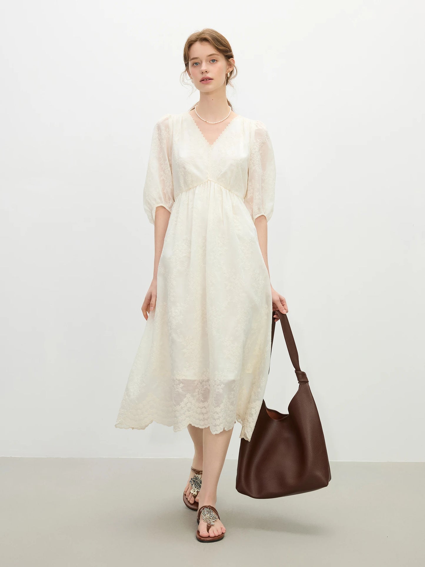 Ivory Lace Puff Sleeve Midi Dress