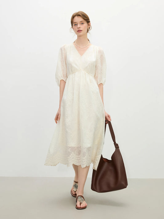 Ivory Lace Puff Sleeve Midi Dress
