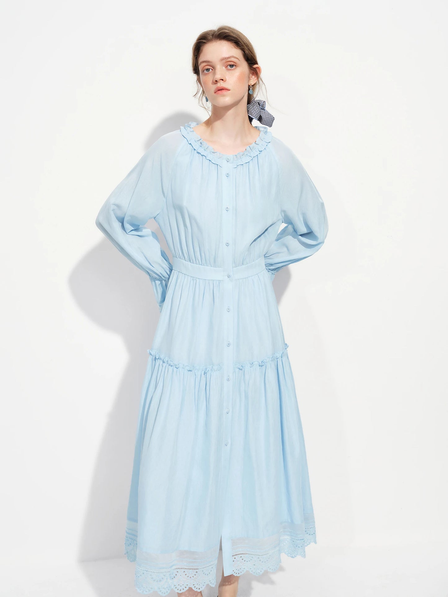 Ivory Lace Trim Long Sleeve Maxi Dress