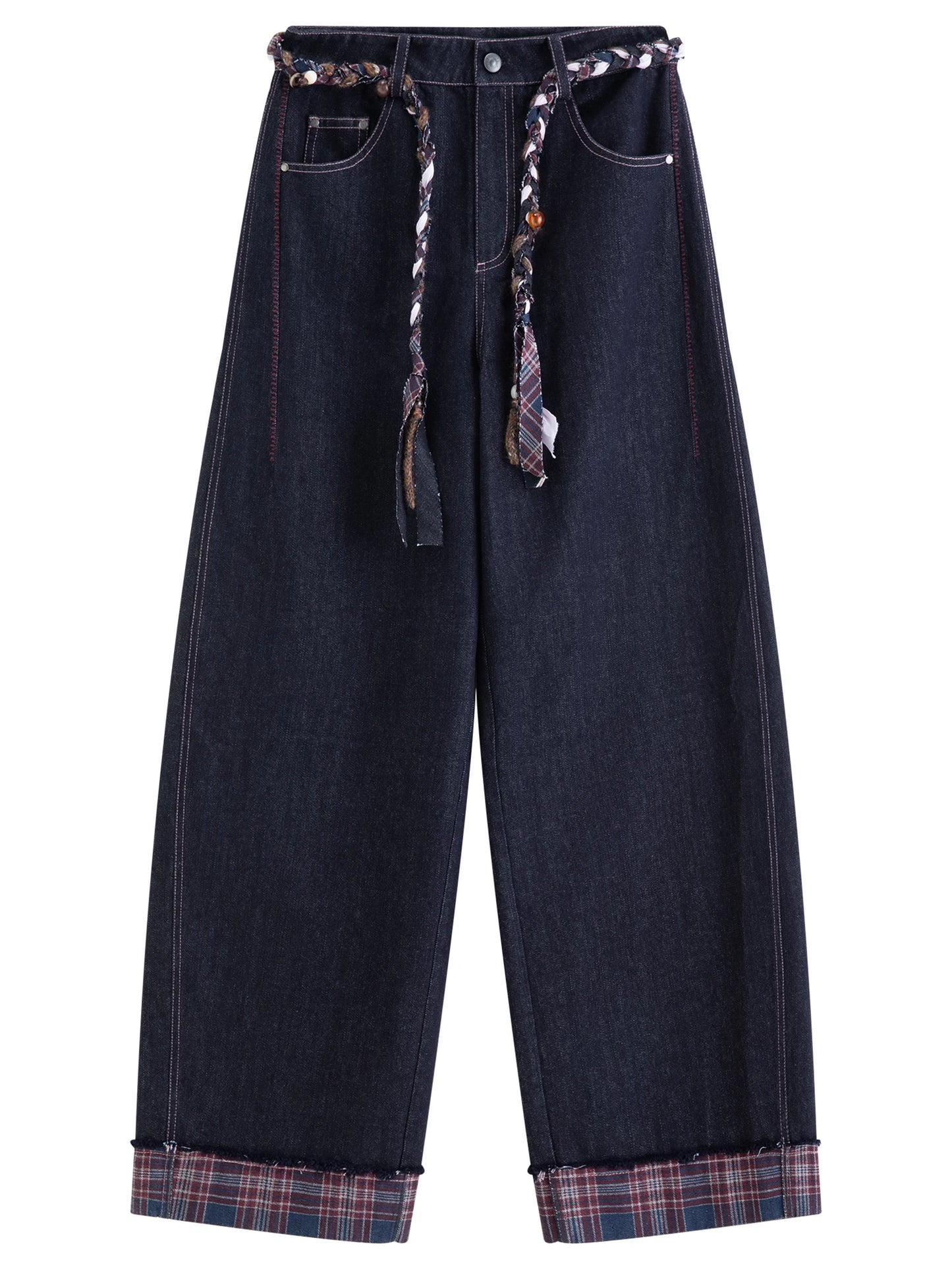 Indigo Plaid Cuff Straight Jeans