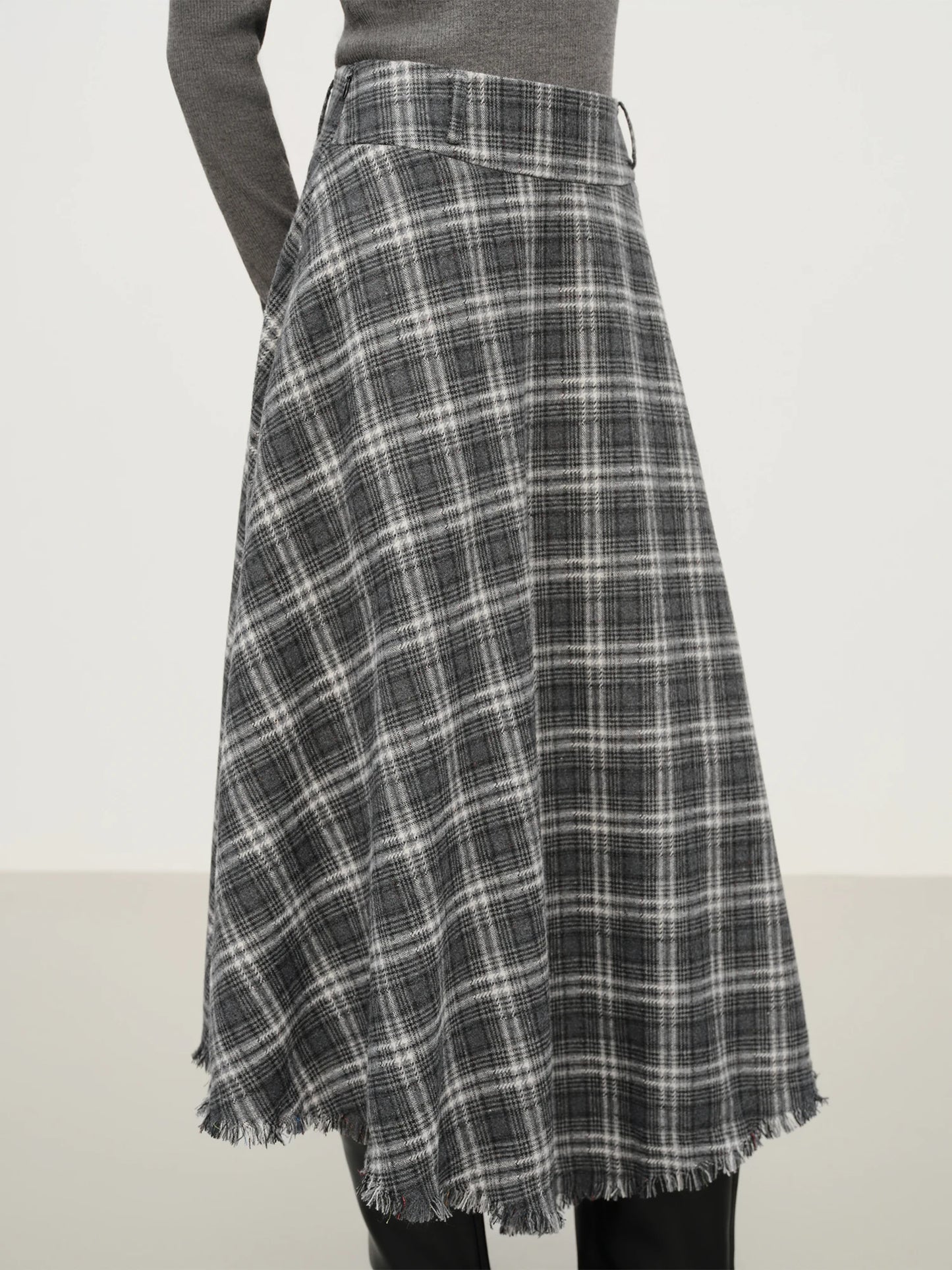 Brown Plaid Fringe Hem Midi Skirt