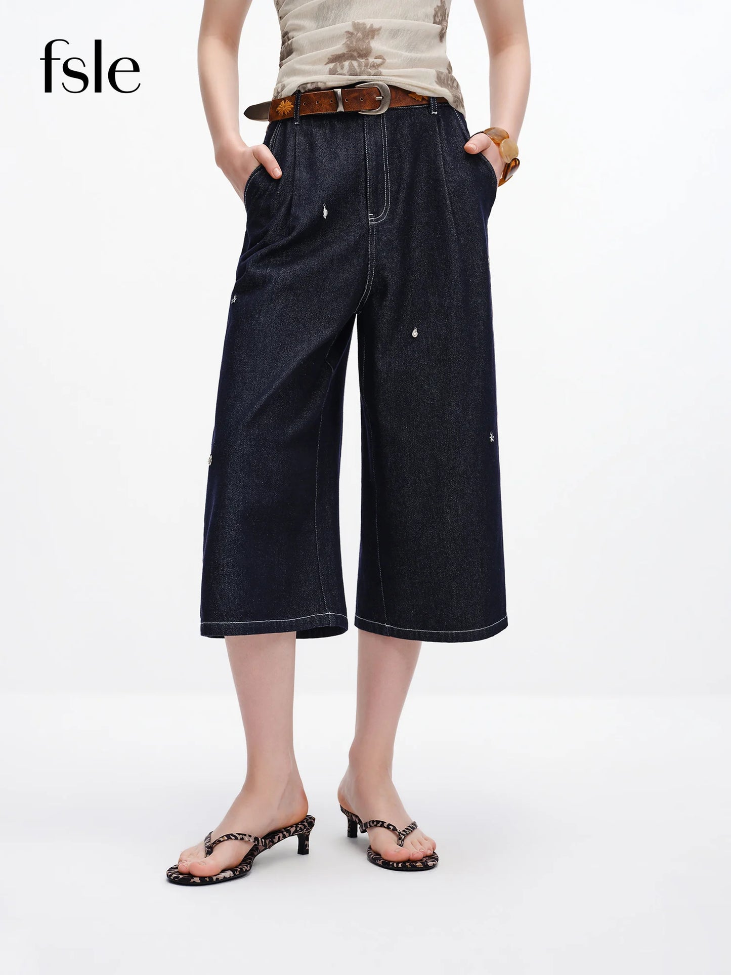 Black Denim Cropped Wide Leg Pants