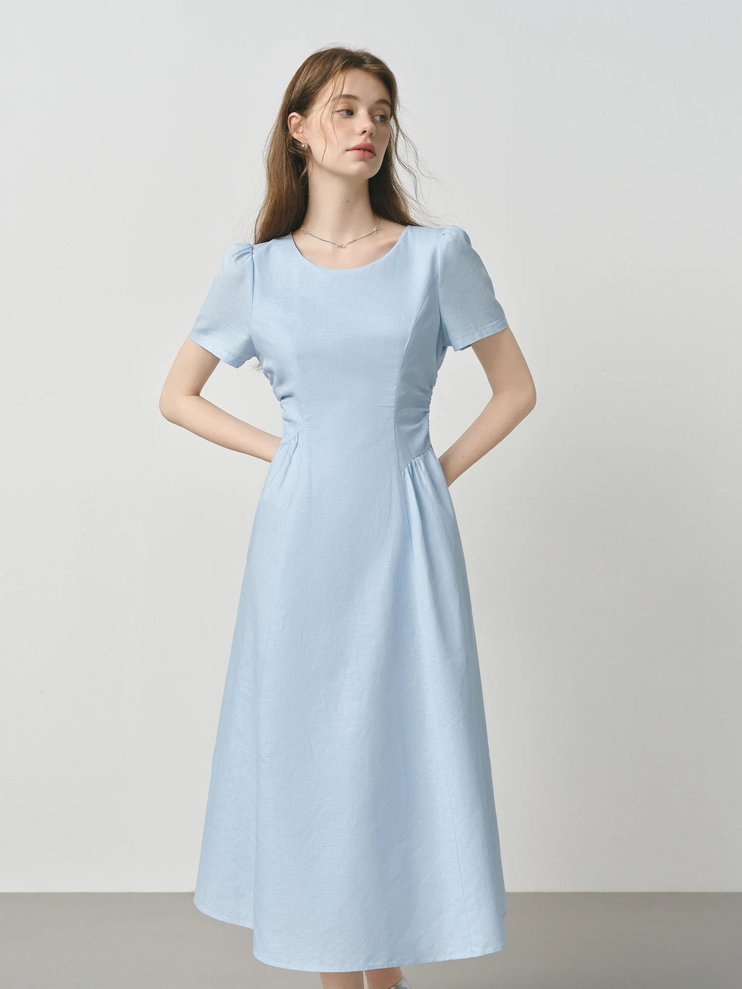 Pale Blue Pleated Waist Midi Dress