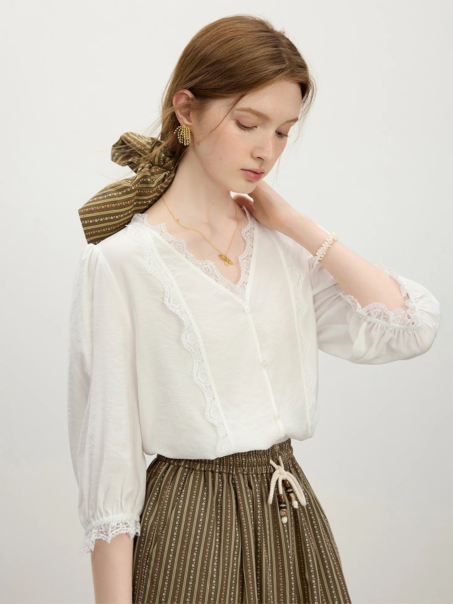 White Lace V Neck Linen Blouse