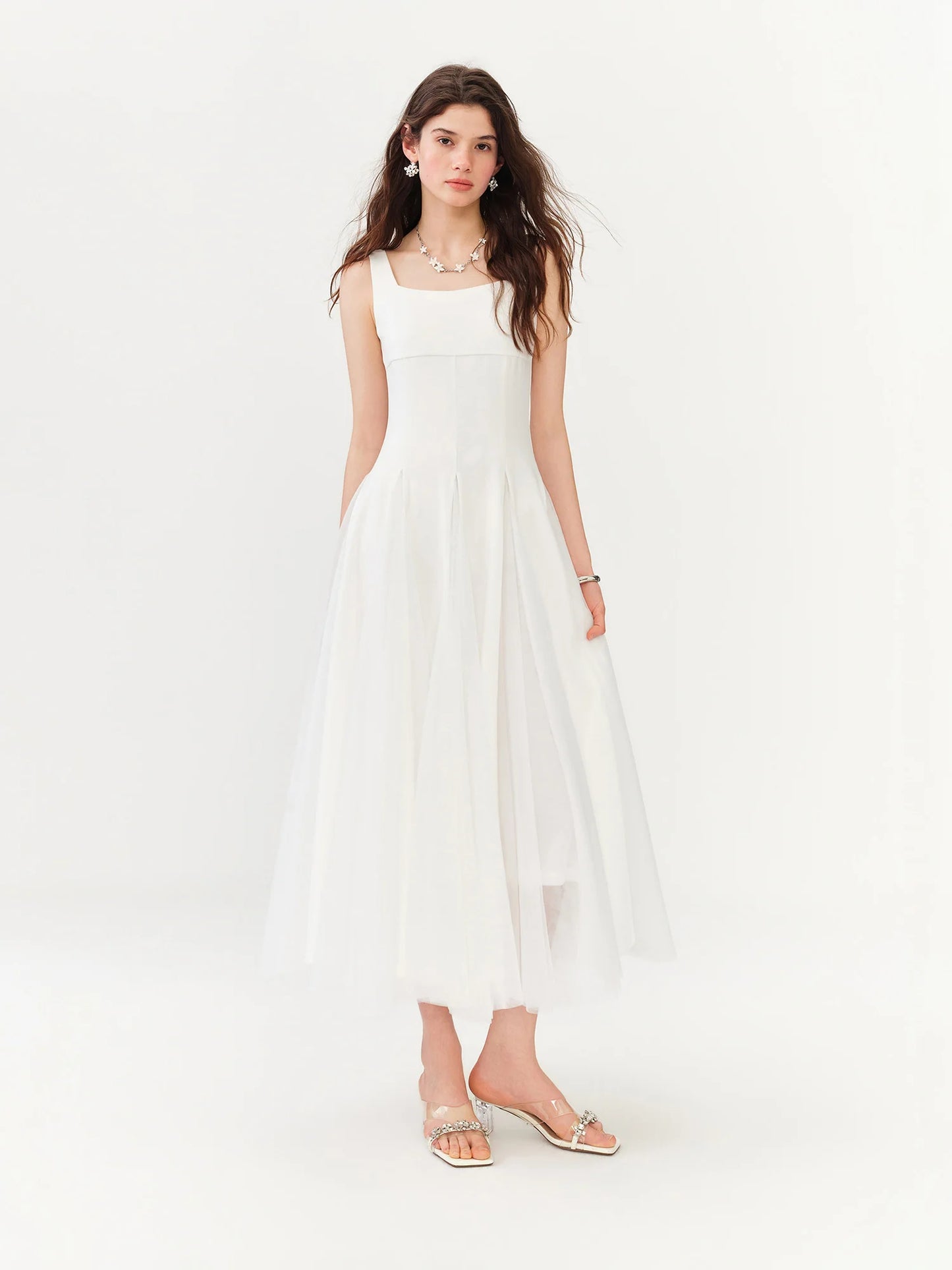 White Tulle Square Neck Maxi Dress