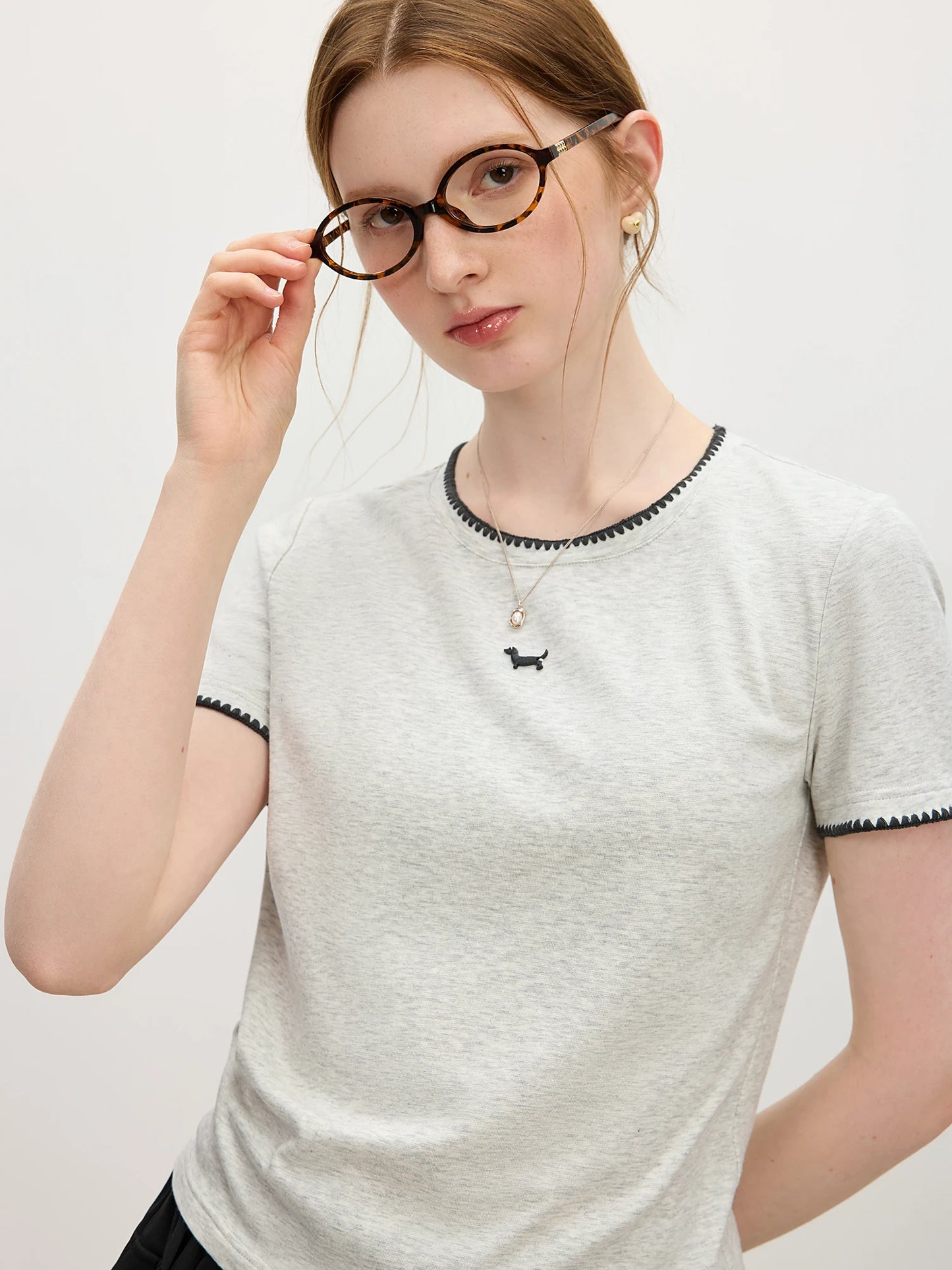 Grey Contrast Trim Fitted Knit Tee