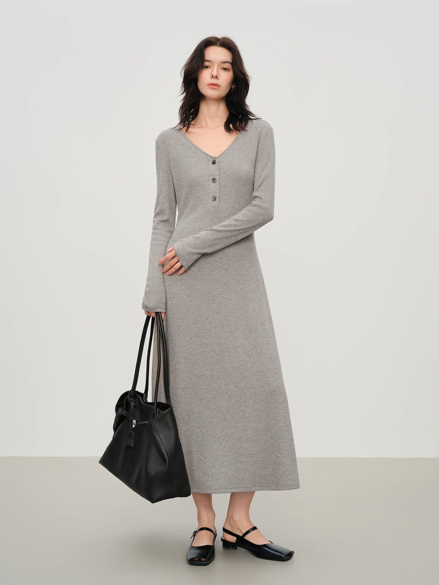 Grey Shawl Collar Knit Maxi Dress