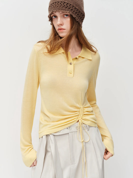Butter Yellow Drawstring Polo Knit Top