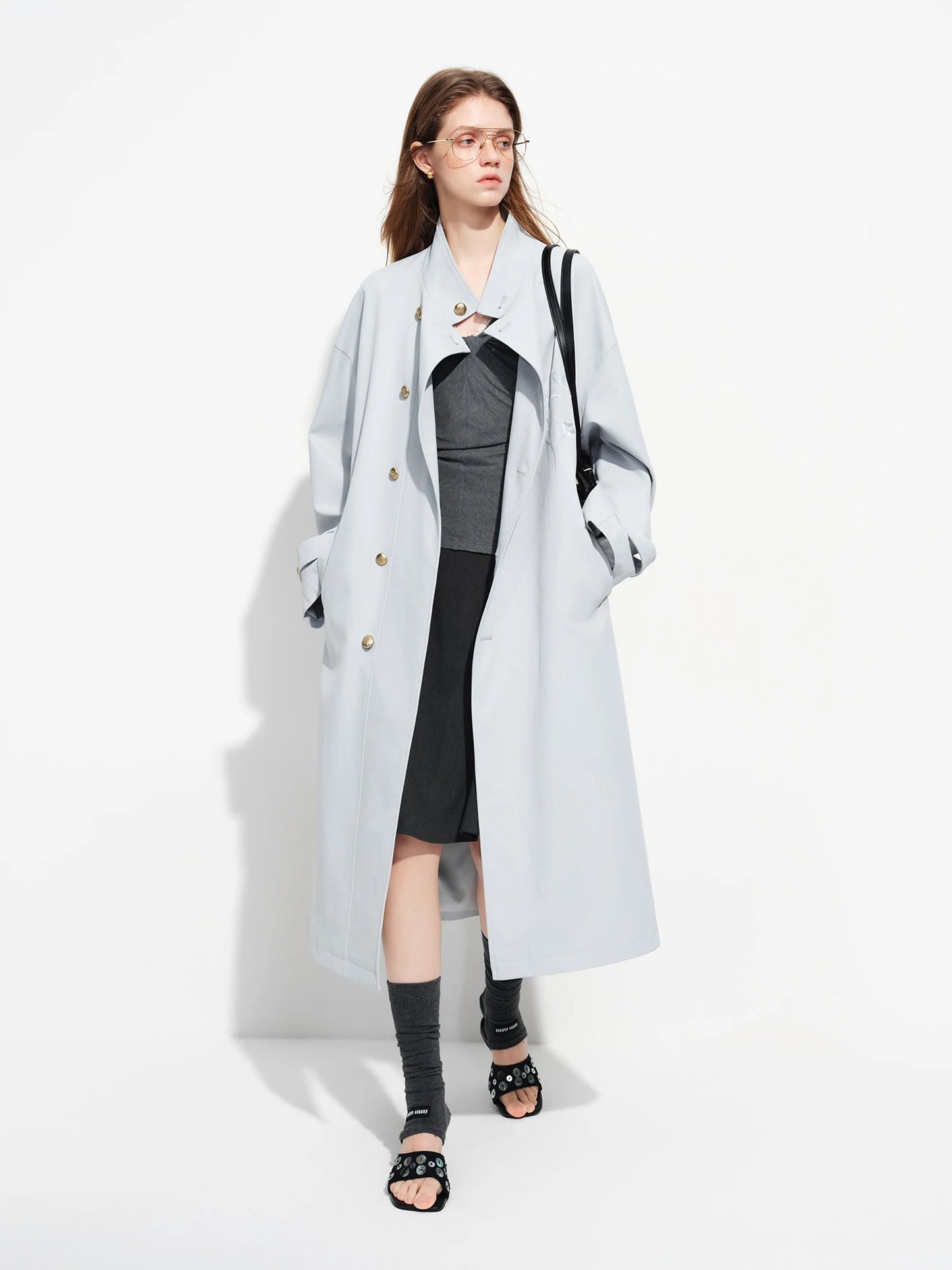 Ivory Embroidered Stand Collar Trench