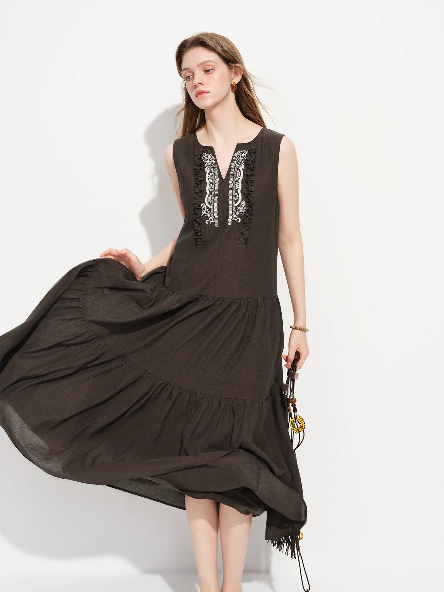 Brown Embroidered Sleeveless Mini Dress