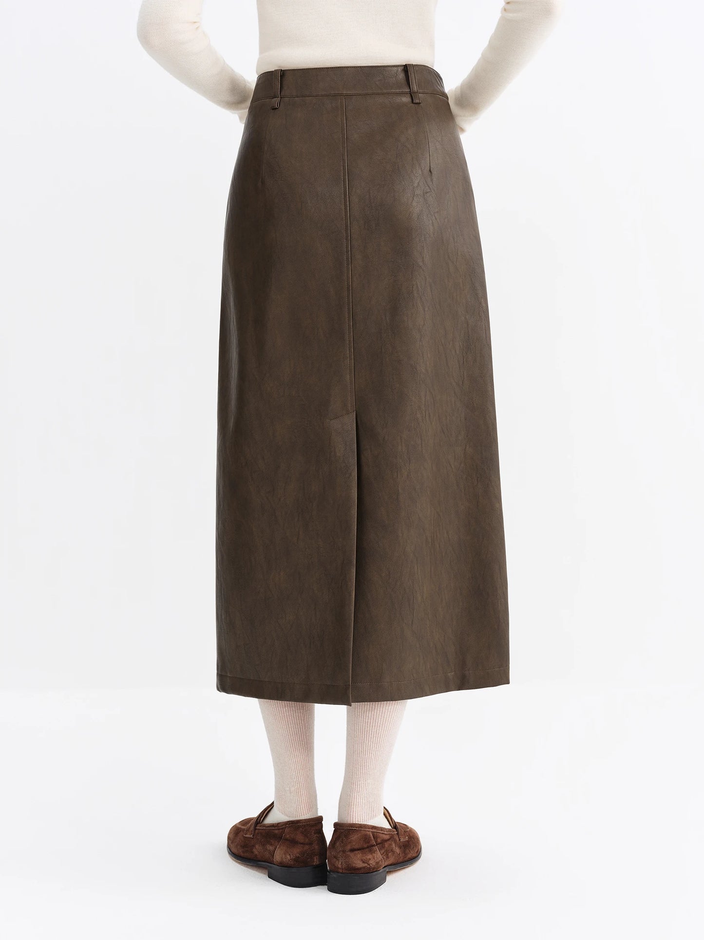 Brown Faux Leather Straight Midi Skirt