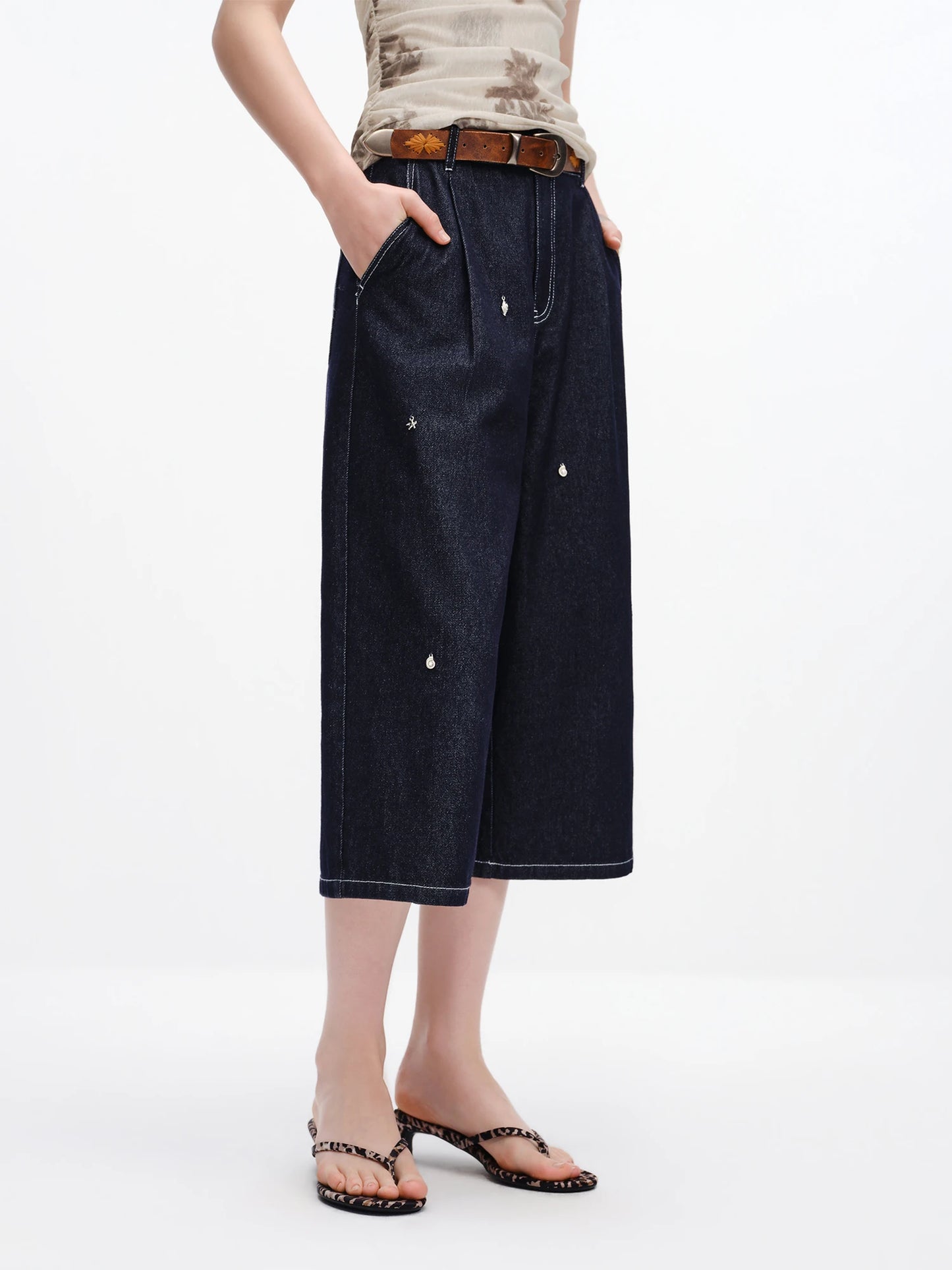 Black Denim Cropped Wide Leg Pants