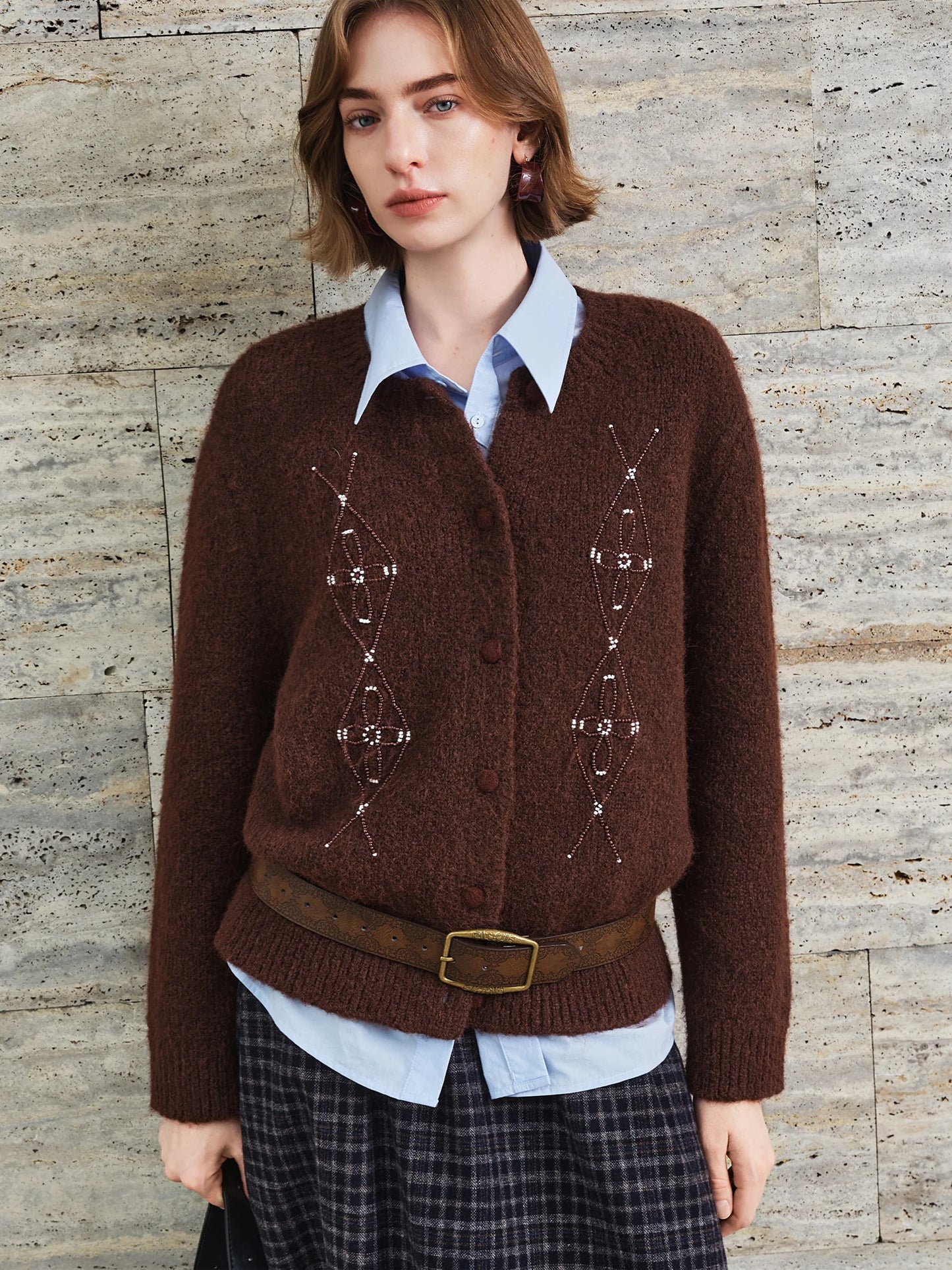Chocolate Beaded Belted Knit Cardigan
