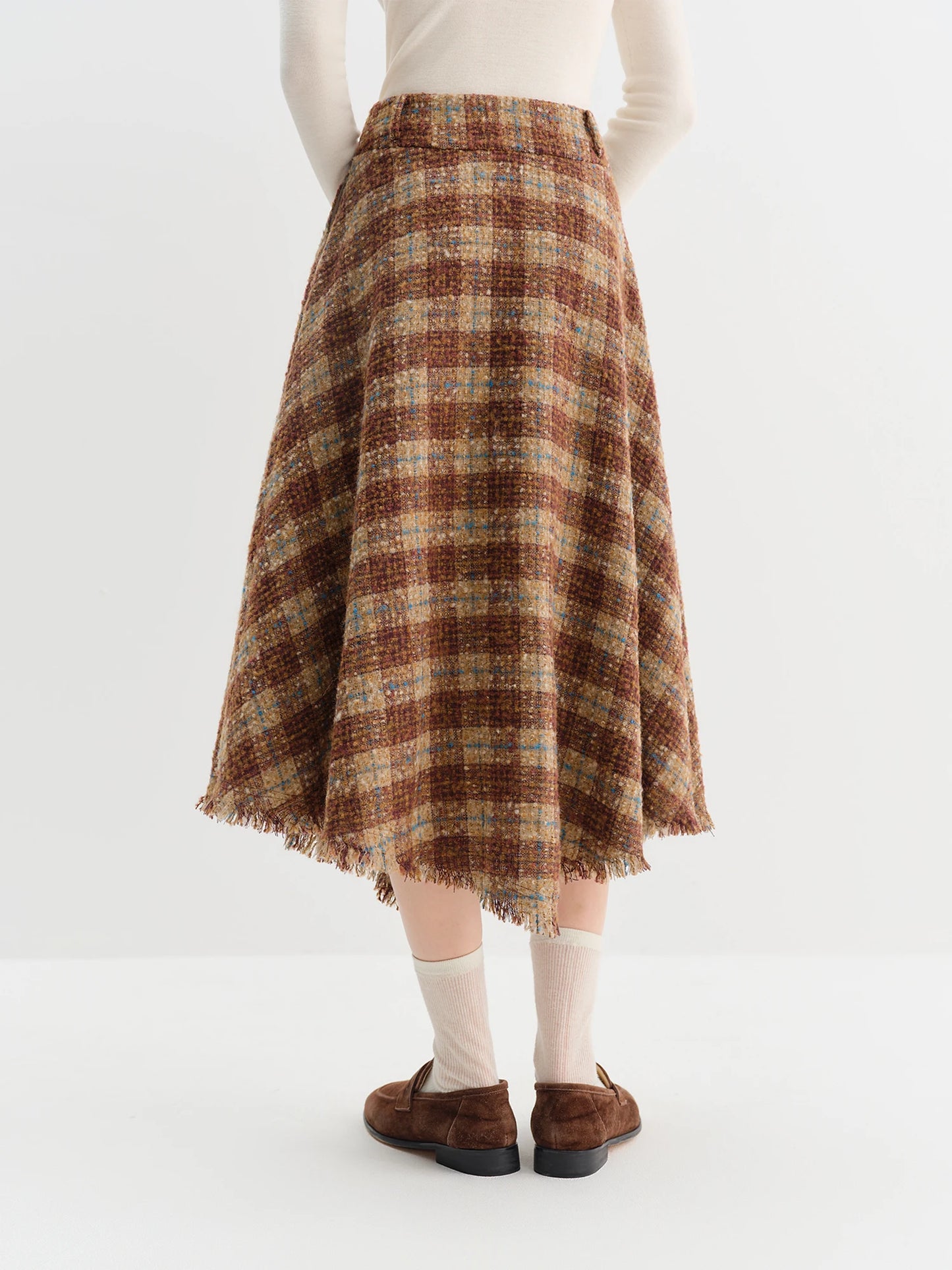 Brown Plaid Fringe Hem Midi Skirt