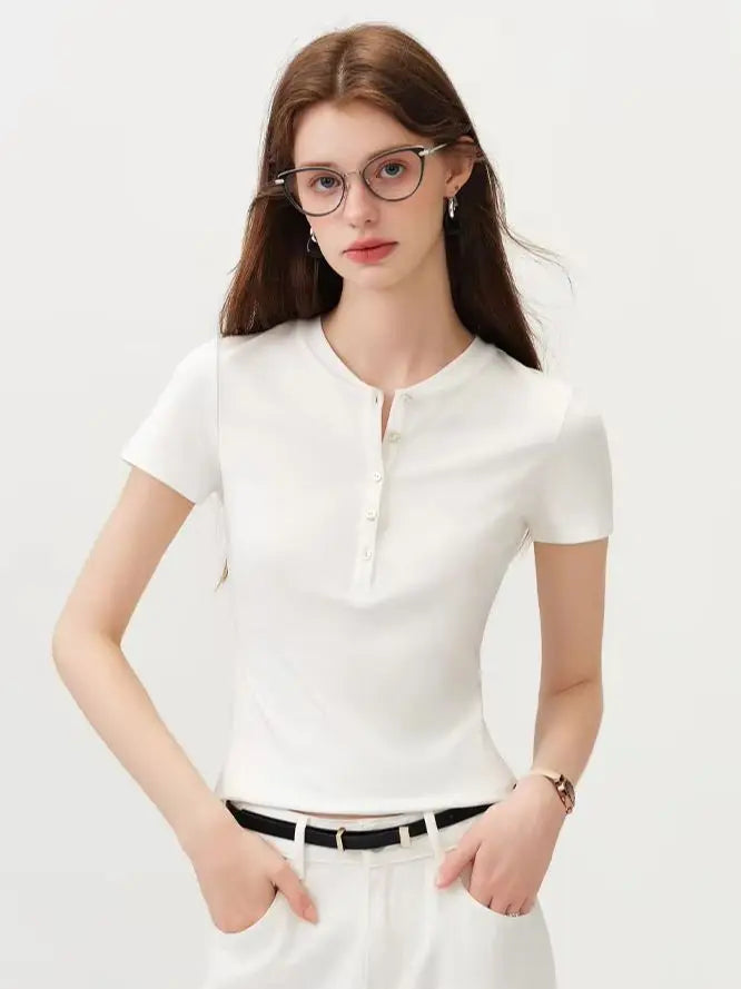 White Button Placket Lyocell Tee